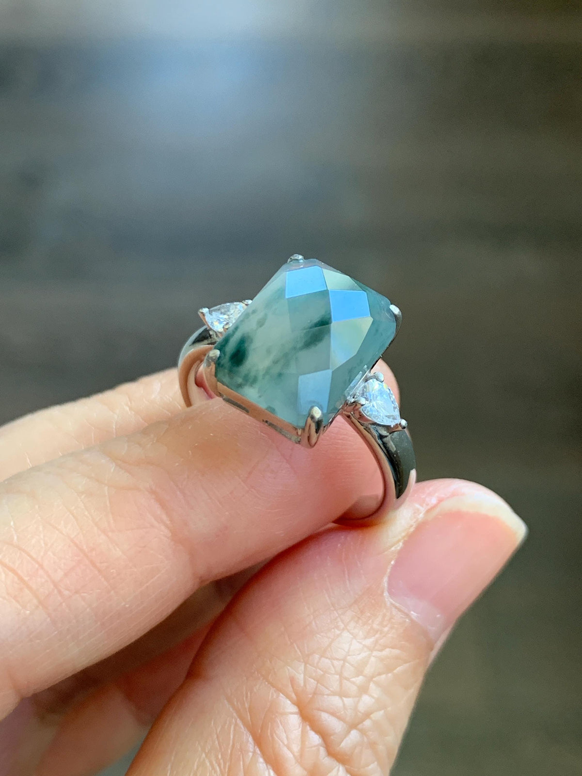 Certified Natural Garde A Icy Highly Translucent Pastel Green Marbled Jade Jadeite Ring Sterling Silver Size 7.5 US 天然冰晴飘花切割面翡翠银镶戒指 1018