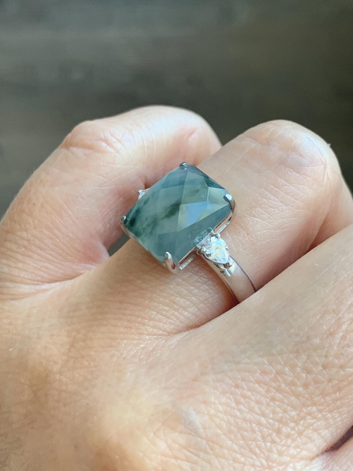 Certified Natural Garde A Icy Highly Translucent Pastel Green Marbled Jade Jadeite Ring Sterling Silver Size 7.5 US 天然冰晴飘花切割面翡翠银镶戒指 1018