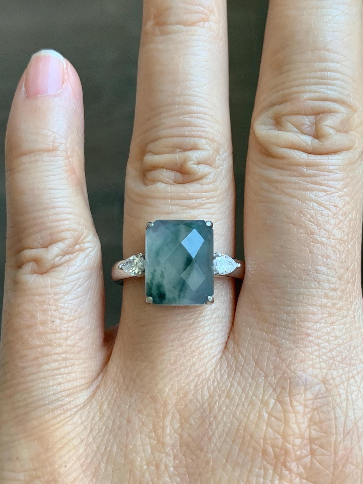 Certified Natural Garde A Icy Highly Translucent Pastel Green Marbled Jade Jadeite Ring Sterling Silver Size 7.5 US 天然冰晴飘花切割面翡翠银镶戒指 1018