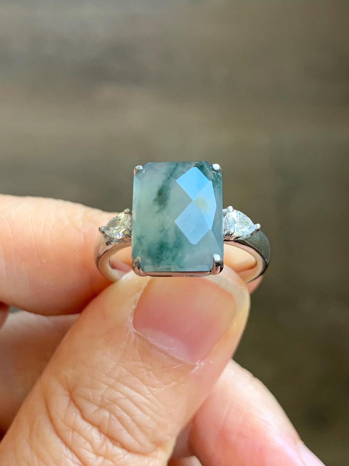 Certified Natural Garde A Icy Highly Translucent Pastel Green Marbled Jade Jadeite Ring Sterling Silver Size 7.5 US 天然冰晴飘花切割面翡翠银镶戒指 1018