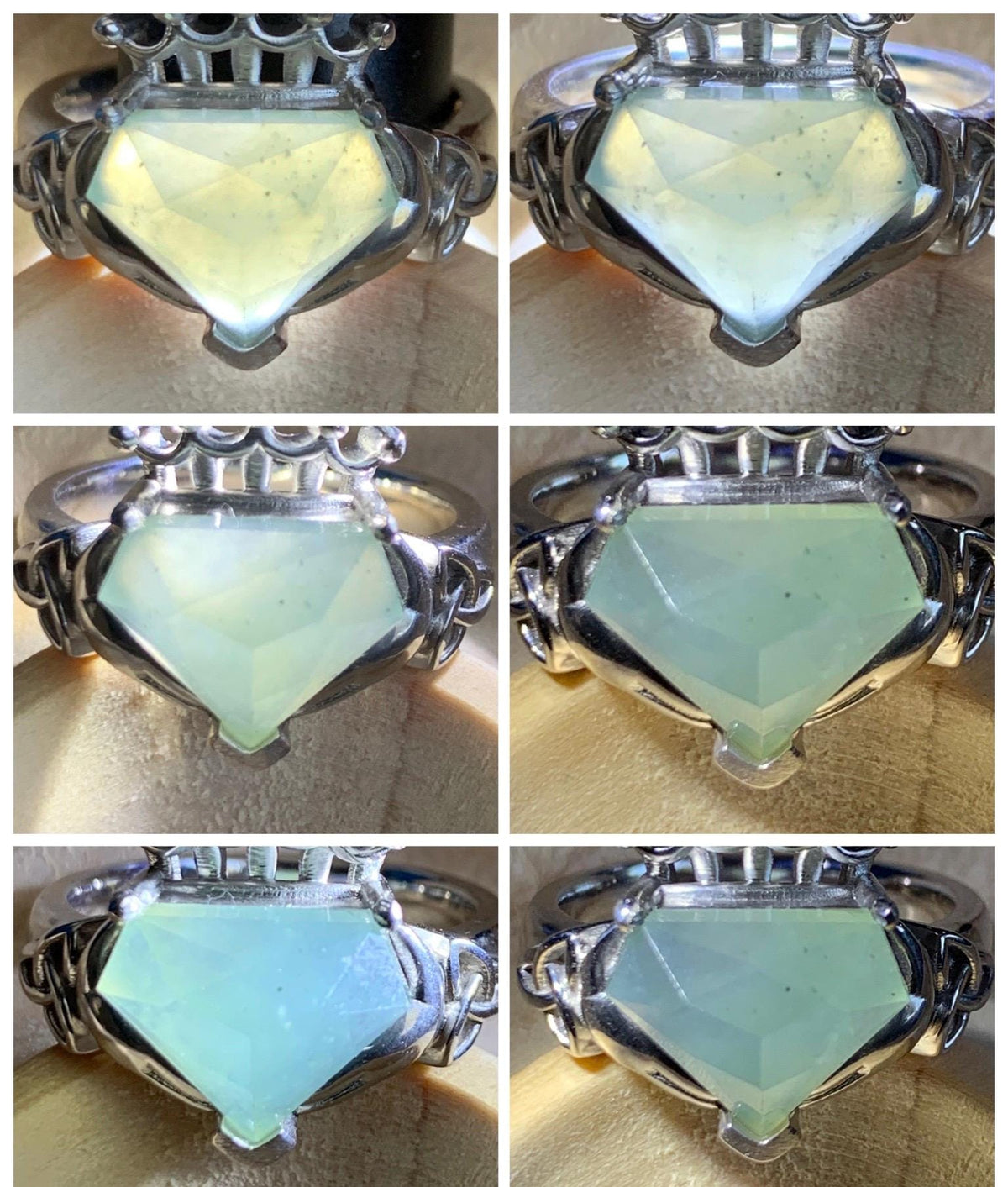 Certified Natural Garde A Icy Highly Translucent Pastel Green Jade Jadeite Claddagh Ring Sterling Silver Size 7.25 US 天然冰晴钻石切割面翡翠克拉达戒指 1028