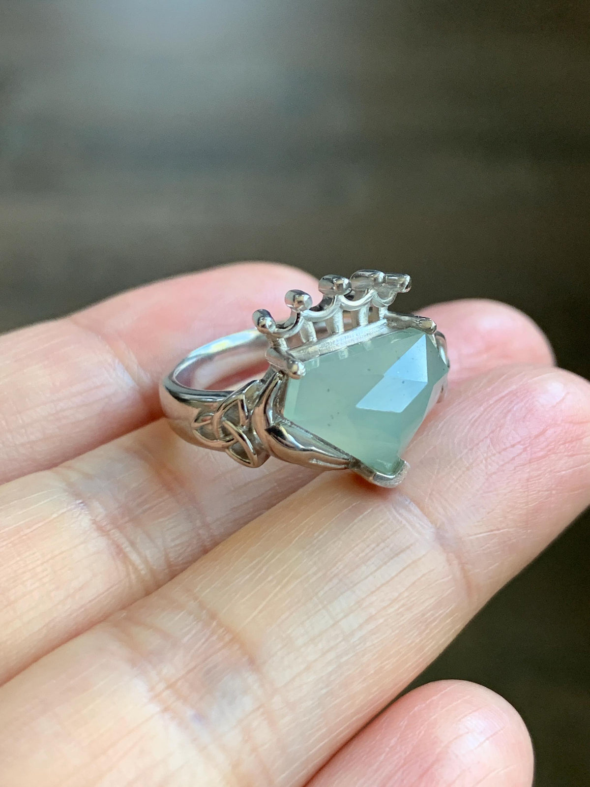 Certified Natural Garde A Icy Highly Translucent Pastel Green Jade Jadeite Claddagh Ring Sterling Silver Size 7.25 US 天然冰晴钻石切割面翡翠克拉达戒指 1028