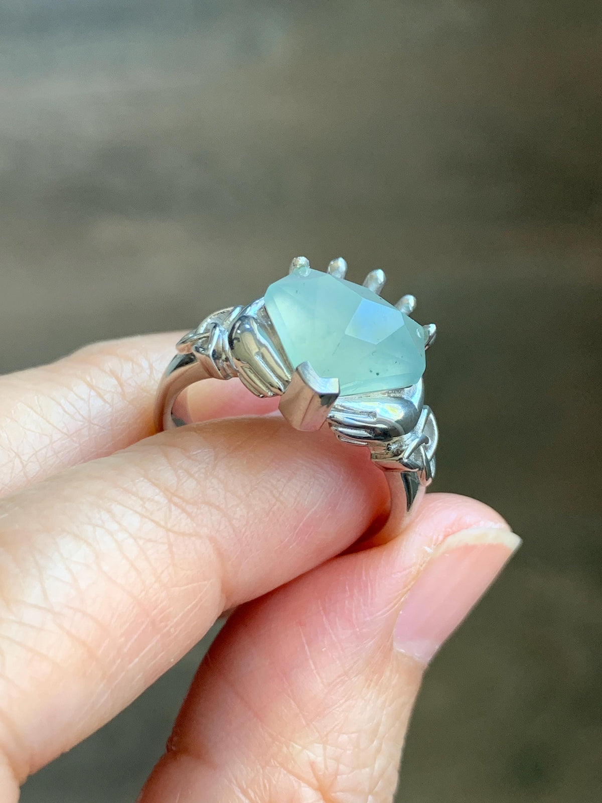 Certified Natural Garde A Icy Highly Translucent Pastel Green Jade Jadeite Claddagh Ring Sterling Silver Size 7.25 US 天然冰晴钻石切割面翡翠克拉达戒指 1028