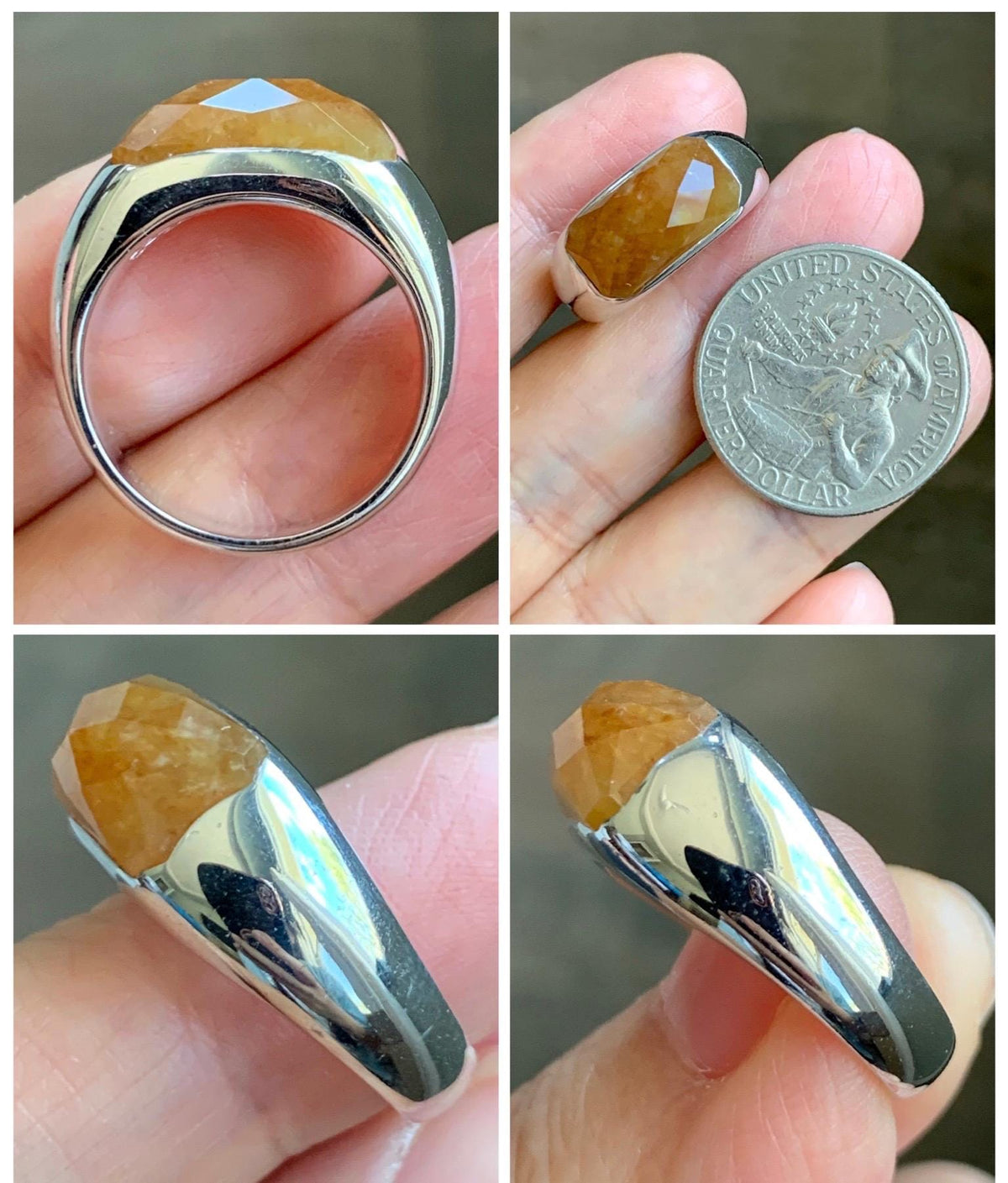 Certified Natural Garde A Icy Translucent Intense Golden Yellow Jade Jadeite Saddle Ring Sterling Silver Size 7.25 US 天然冰红黄翡翠切割面马鞍戒指 1027