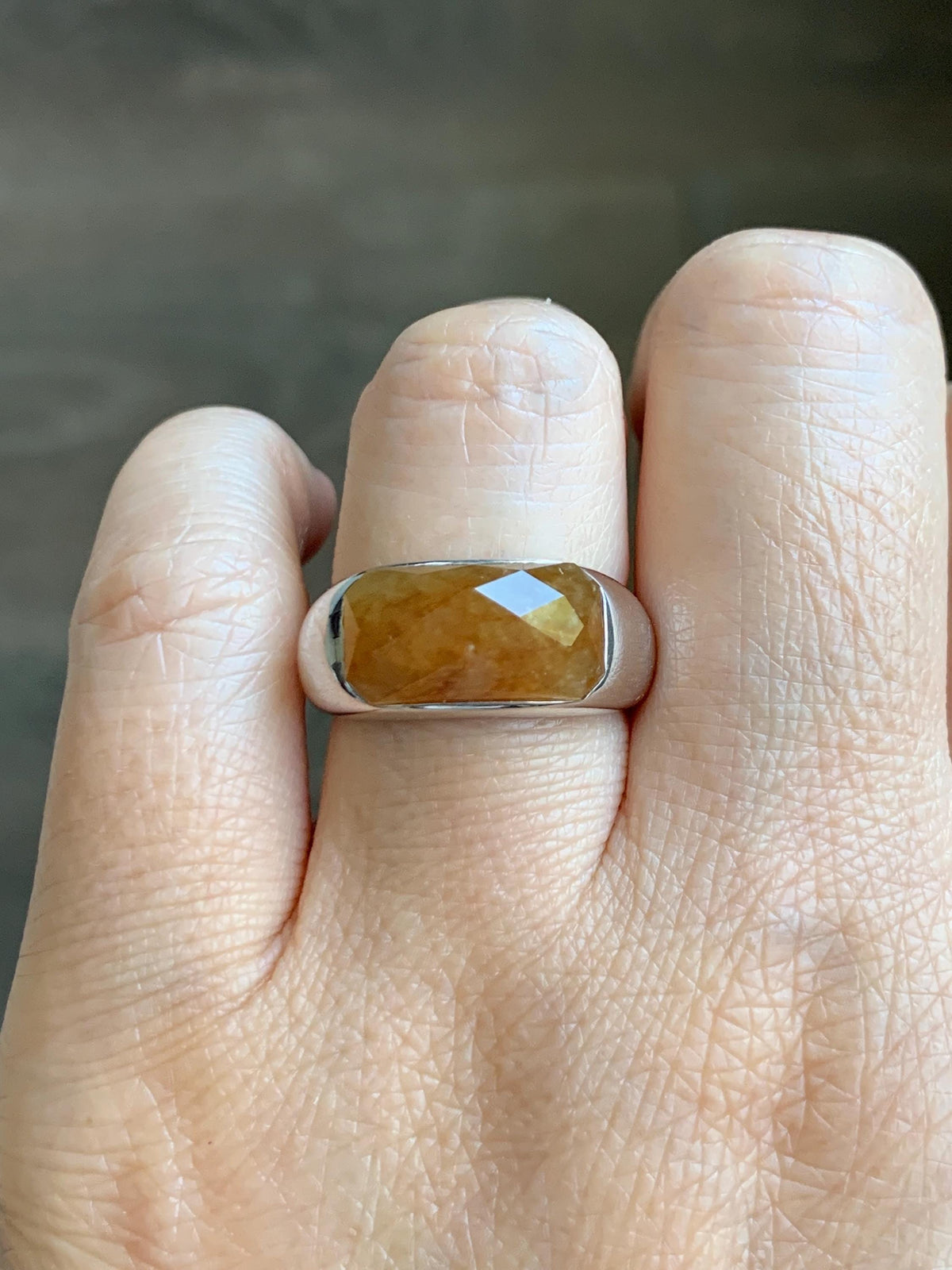 Certified Natural Garde A Icy Translucent Intense Golden Yellow Jade Jadeite Saddle Ring Sterling Silver Size 7.25 US 天然冰红黄翡翠切割面马鞍戒指 1027