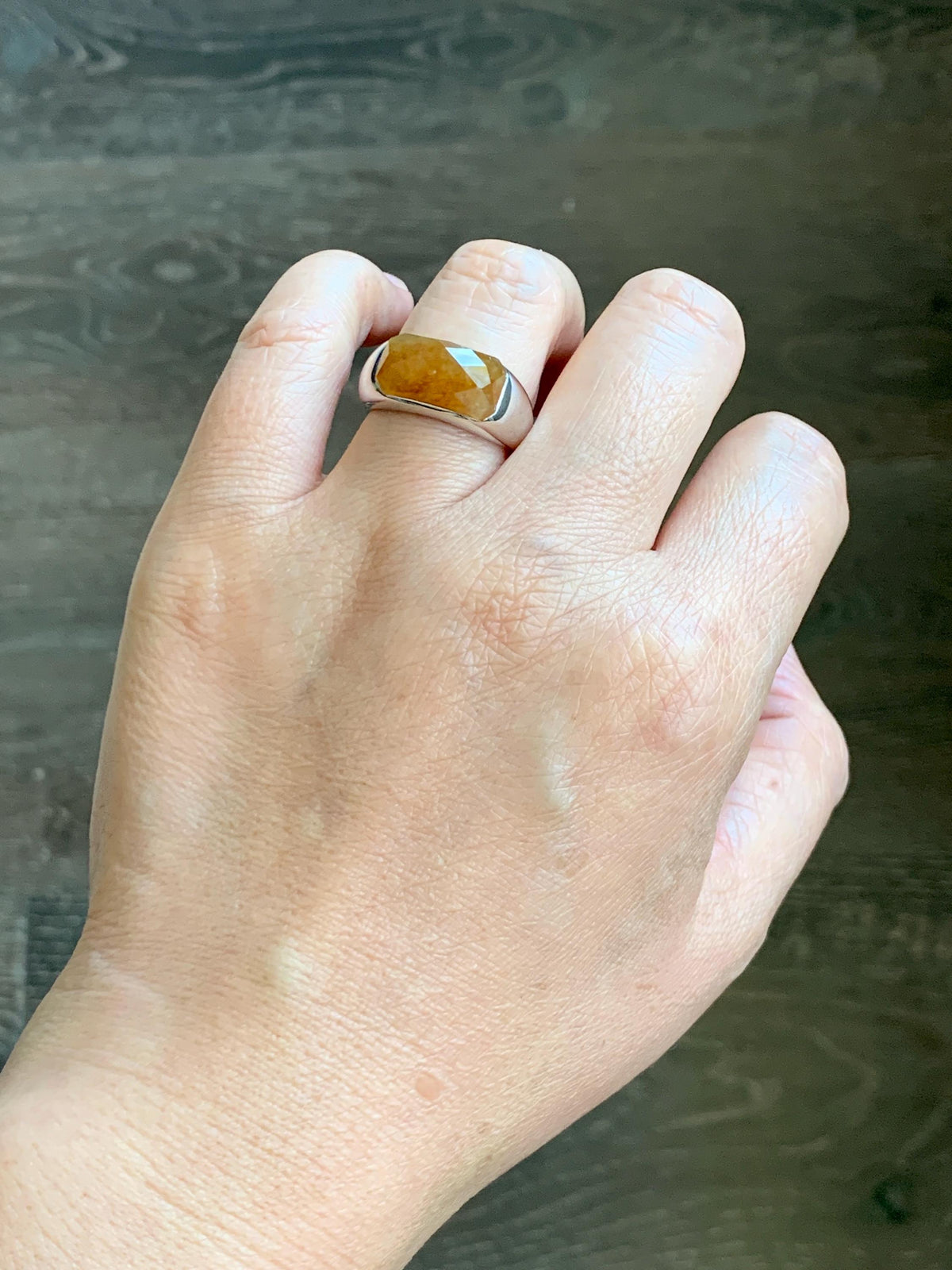 Certified Natural Garde A Icy Translucent Intense Golden Yellow Jade Jadeite Saddle Ring Sterling Silver Size 7.25 US 天然冰红黄翡翠切割面马鞍戒指 1027