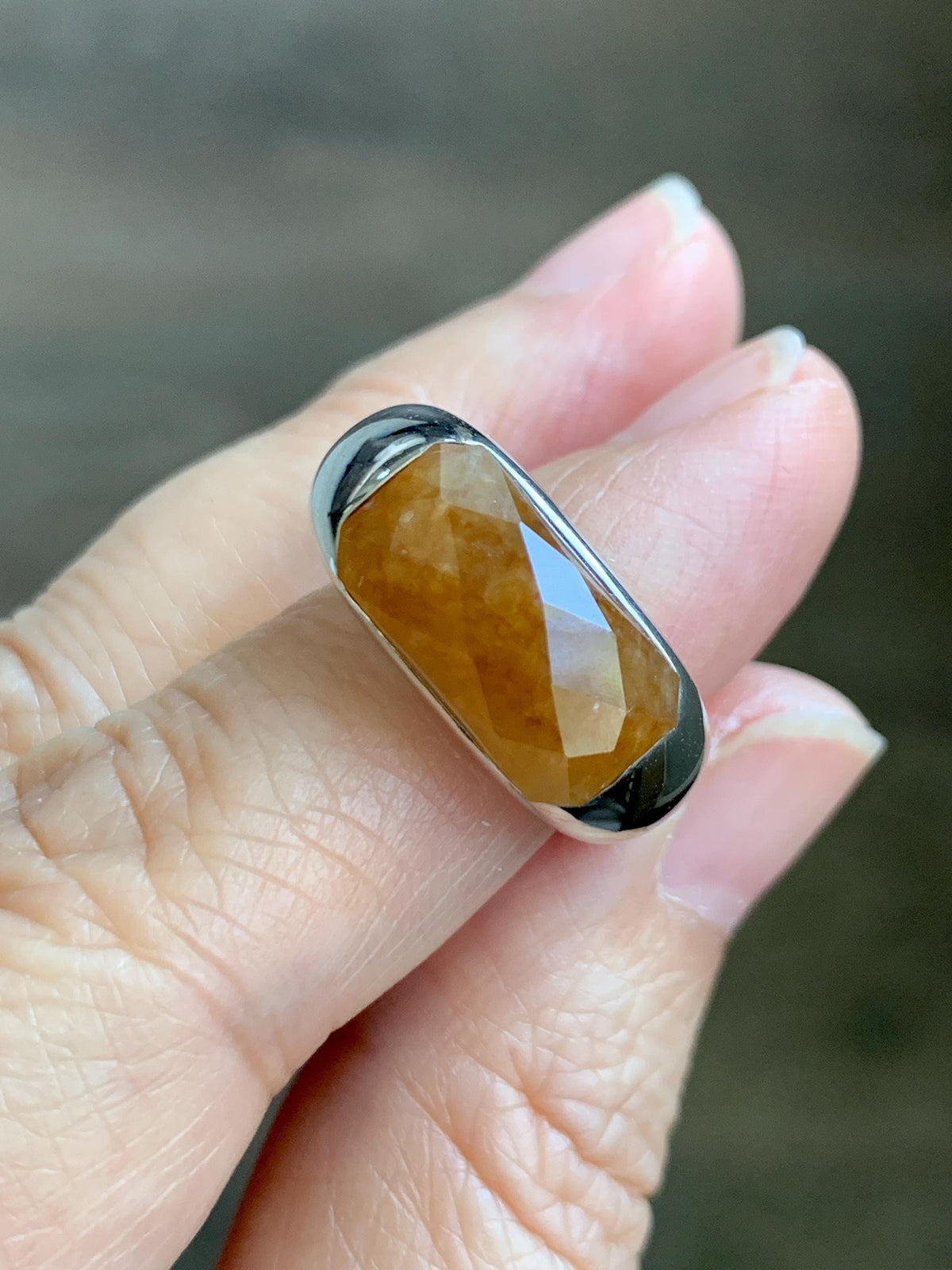 Certified Natural Garde A Icy Translucent Intense Golden Yellow Jade Jadeite Saddle Ring Sterling Silver Size 7.25 US 天然冰红黄翡翠切割面马鞍戒指 1027
