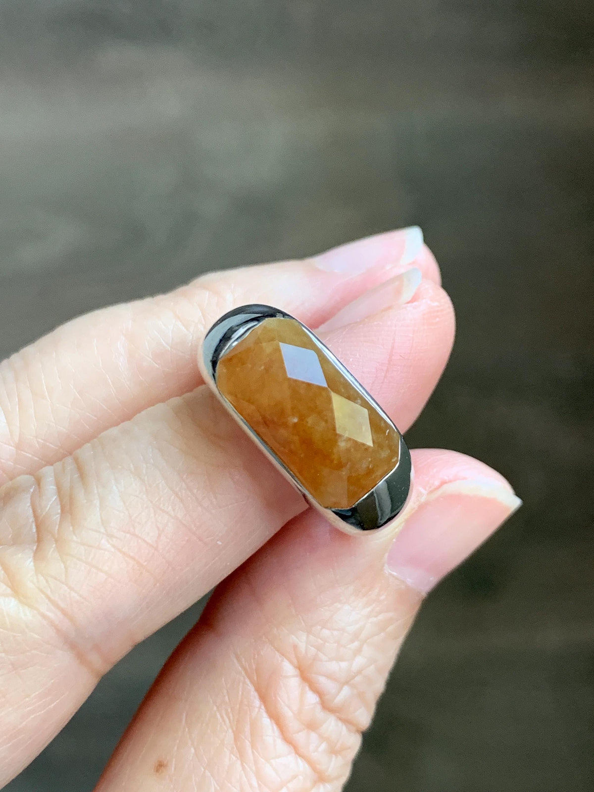 Certified Natural Garde A Icy Translucent Intense Golden Yellow Jade Jadeite Saddle Ring Sterling Silver Size 7.25 US 天然冰红黄翡翠切割面马鞍戒指 1027