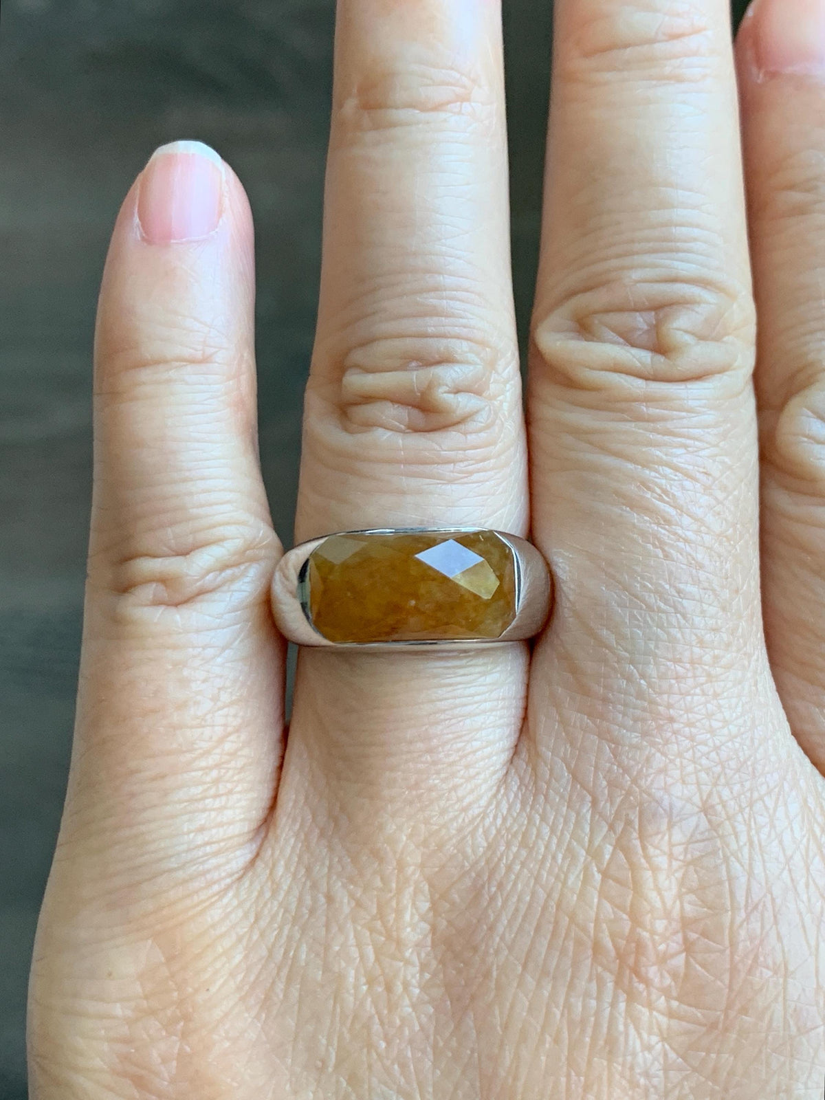Certified Natural Garde A Icy Translucent Intense Golden Yellow Jade Jadeite Saddle Ring Sterling Silver Size 7.25 US 天然冰红黄翡翠切割面马鞍戒指 1027