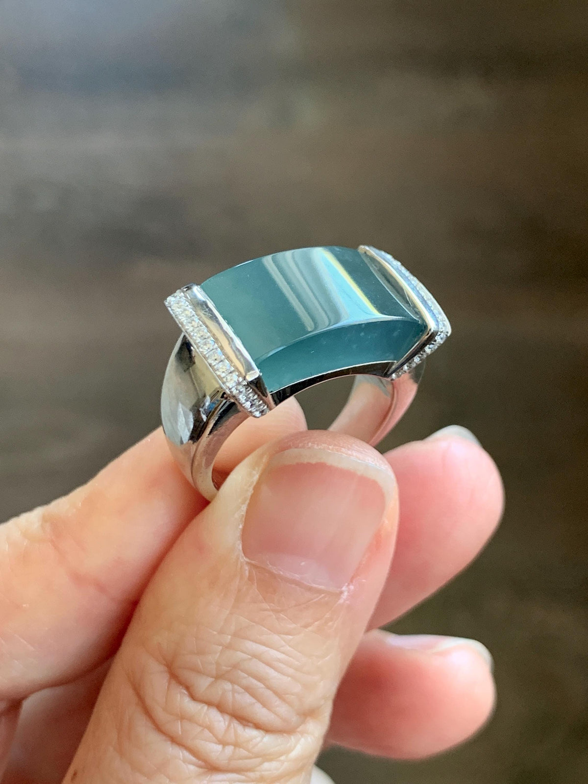 Certified Natural Grade A Guatemalan Icy Translucent Teal Blue Jade Jadeite Saddle Ring Sterling Silver Size 7.25 US 13.66g 天然冰危蓝翡翠马鞍戒指 1023