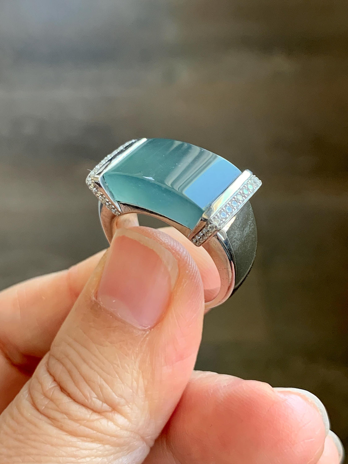 Certified Natural Grade A Guatemalan Icy Translucent Teal Blue Jade Jadeite Saddle Ring Sterling Silver Size 7.25 US 13.66g 天然冰危蓝翡翠马鞍戒指 1023