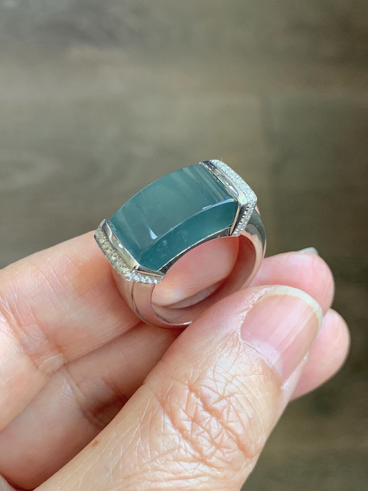 Certified Natural Grade A Guatemalan Icy Translucent Teal Blue Jade Jadeite Saddle Ring Sterling Silver Size 7.25 US 13.66g 天然冰危蓝翡翠马鞍戒指 1023