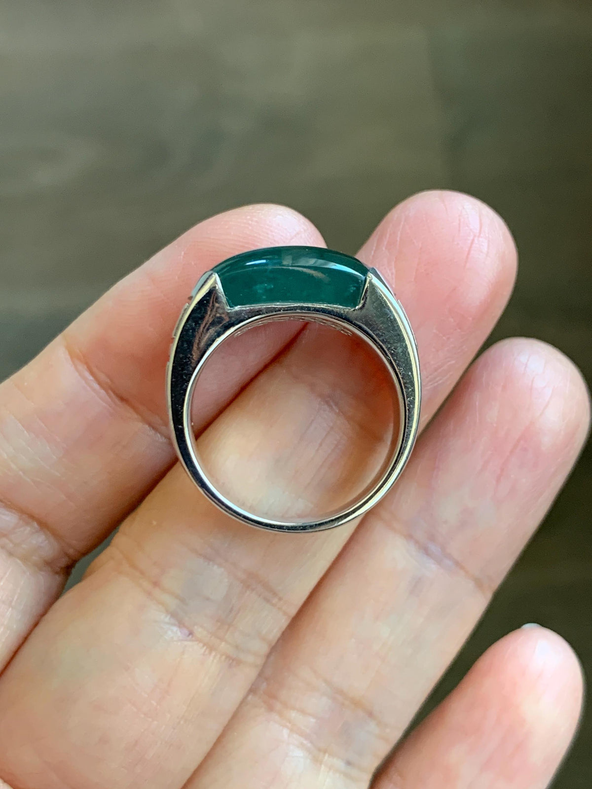 Certified Natural Grade A Guatemalan Icy Teal Green Marbled Jade Jadeite Saddle Ring Sterling Silver Size 6.75 US 9.34g 天然冰危蓝绿飘花翡翠马鞍戒指 1017