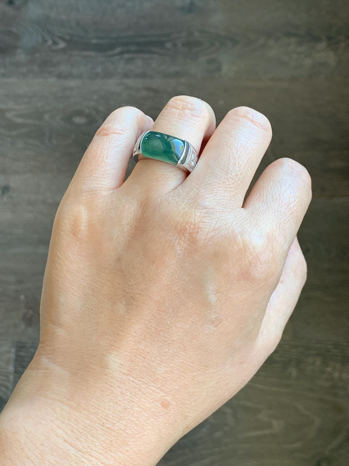 Certified Natural Grade A Guatemalan Icy Teal Green Marbled Jade Jadeite Saddle Ring Sterling Silver Size 6.75 US 9.34g 天然冰危蓝绿飘花翡翠马鞍戒指 1017