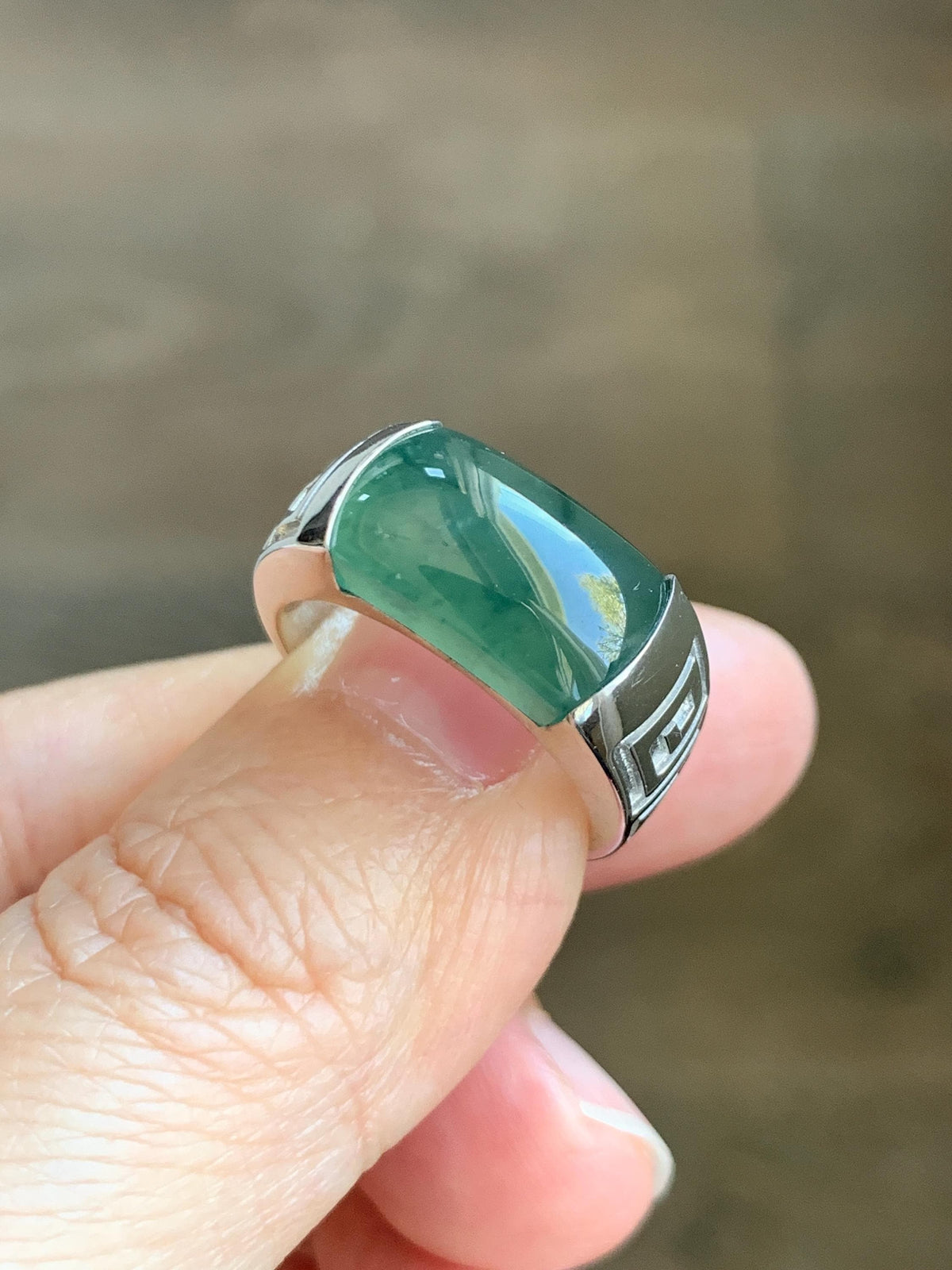 Certified Natural Grade A Guatemalan Icy Teal Green Marbled Jade Jadeite Saddle Ring Sterling Silver Size 6.75 US 9.34g 天然冰危蓝绿飘花翡翠马鞍戒指 1017