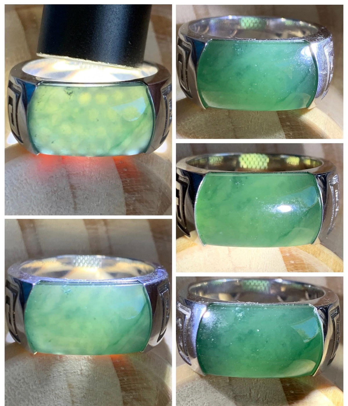 Certified Natural Grade A Guatemalan Icy Teal Green Marbled Jade Jadeite Saddle Ring Sterling Silver Size 7.75 US 9.99g天然冰危蓝绿飘花翡翠马鞍戒指 1025