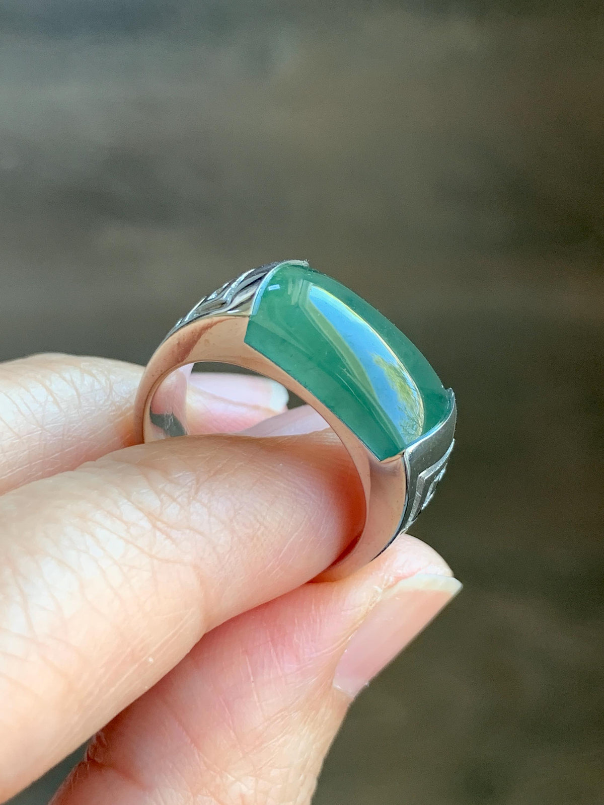 Certified Natural Grade A Guatemalan Icy Teal Green Marbled Jade Jadeite Saddle Ring Sterling Silver Size 7.75 US 9.99g天然冰危蓝绿飘花翡翠马鞍戒指 1025