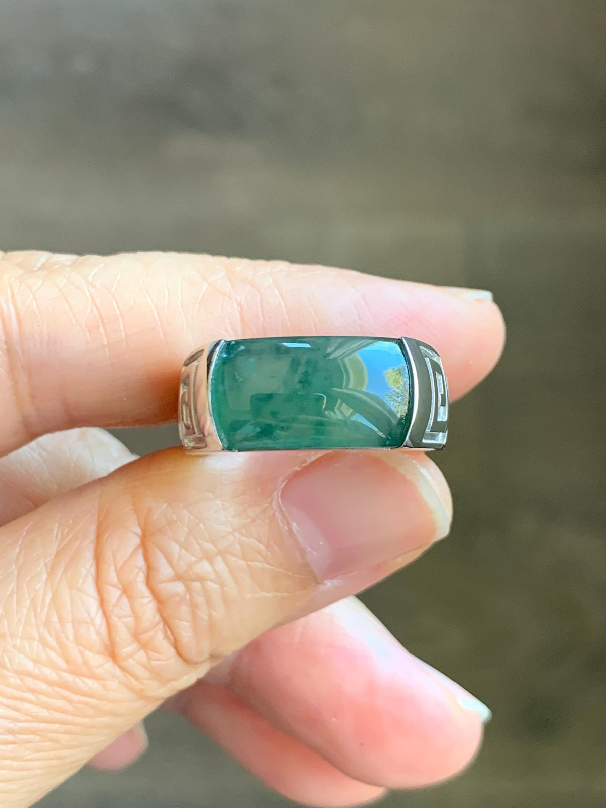 Certified Natural Grade A Guatemalan Icy Teal Green Marbled Jade Jadeite Saddle Ring Sterling Silver Size 7 US 9.31g 天然冰危蓝绿飘花翡翠马鞍戒指 1026
