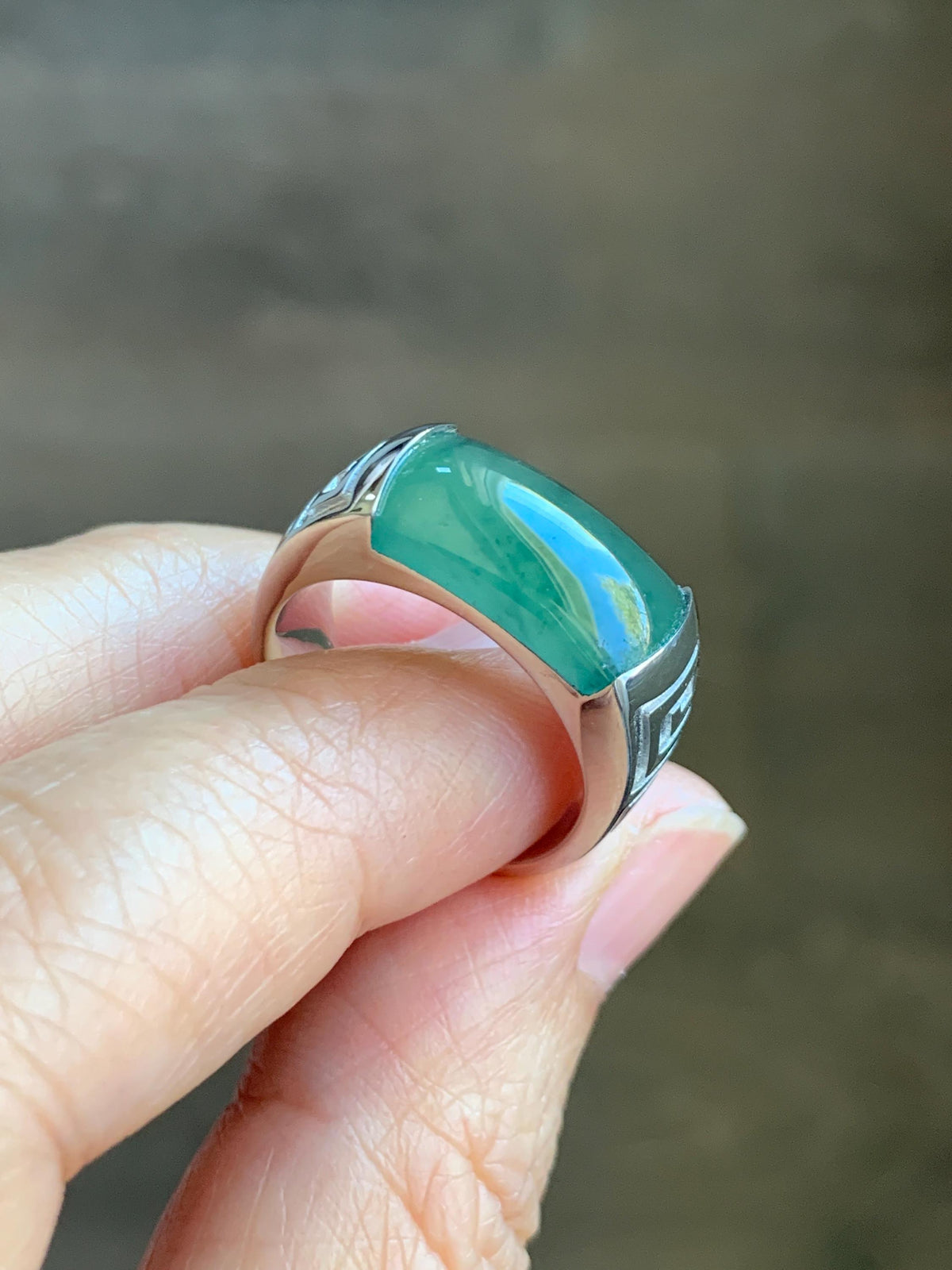 Certified Natural Grade A Guatemalan Icy Teal Green Marbled Jade Jadeite Saddle Ring Sterling Silver Size 7 US 9.31g 天然冰危蓝绿飘花翡翠马鞍戒指 1026