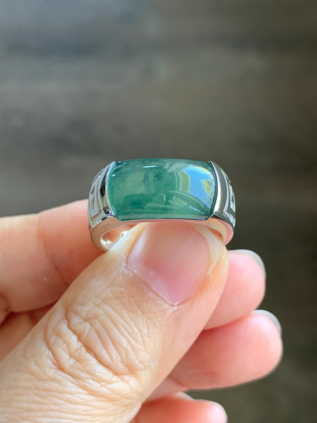 Certified Natural Grade A Guatemalan Icy Teal Green Marbled Jade Jadeite Saddle Ring Sterling Silver Size 7 US 9.31g 天然冰危蓝绿飘花翡翠马鞍戒指 1026