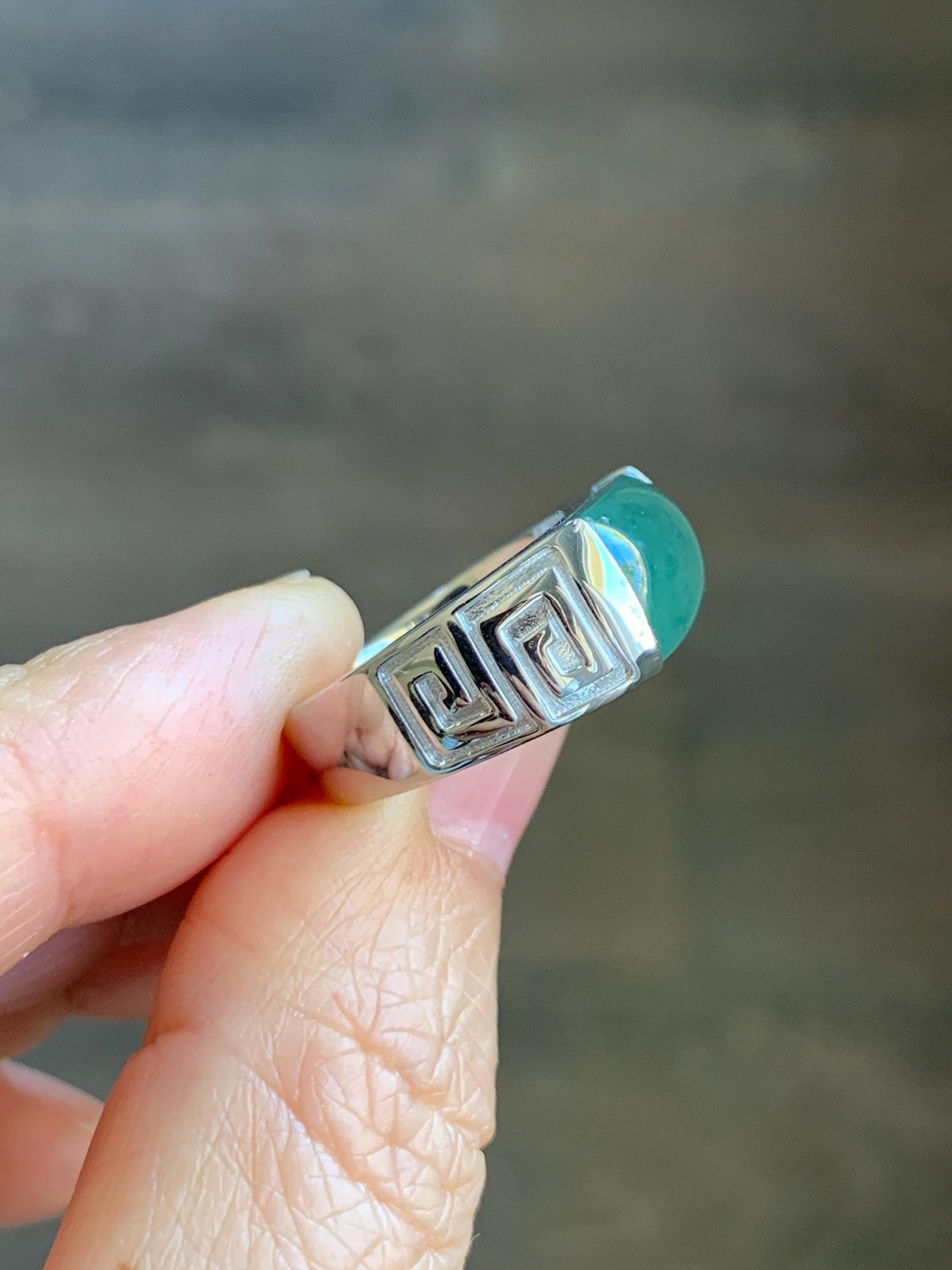 Certified Natural Grade A Guatemalan Icy Teal Green Marbled Jade Jadeite Saddle Ring Sterling Silver Size 7 US 9.31g 天然冰危蓝绿飘花翡翠马鞍戒指 1026