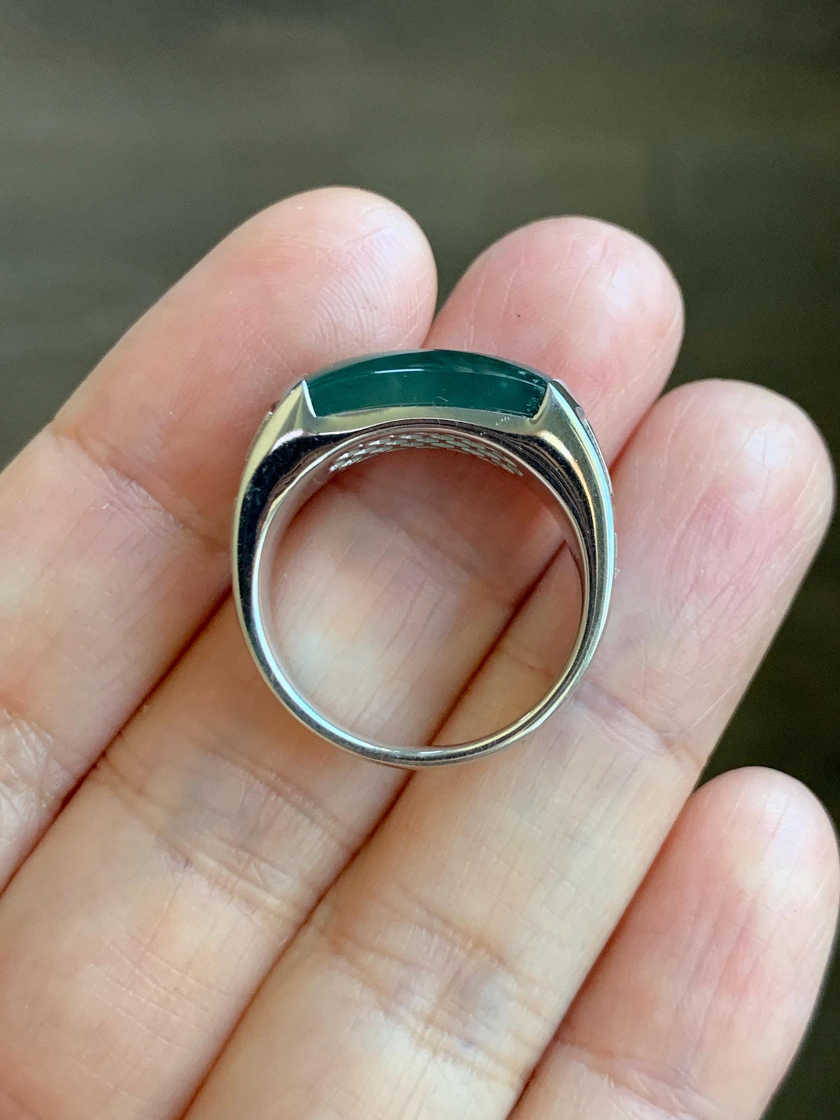 Certified Natural Grade A Guatemalan Icy Teal Green Marbled Jade Jadeite Saddle Ring Sterling Silver Size 7 US 9.31g 天然冰危蓝绿飘花翡翠马鞍戒指 1026