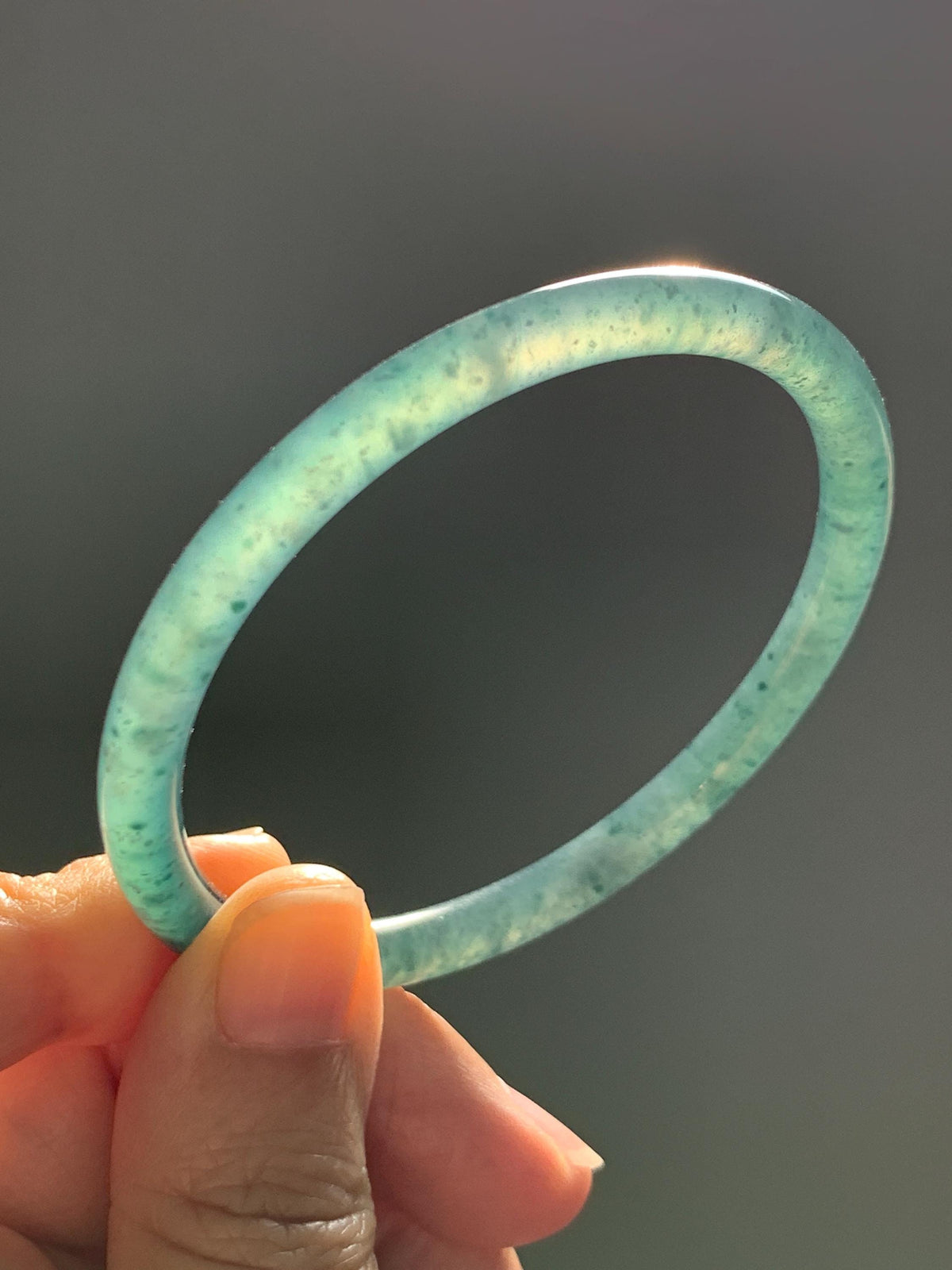 Certified Natural Grade A Guatemalan Icy Translucent Dark Teal Green Jade Jadeite Slim Bangle 58.08mm 7.18” 18.12g 天然冰胶危深蓝绿翡翠细圆条手镯 988