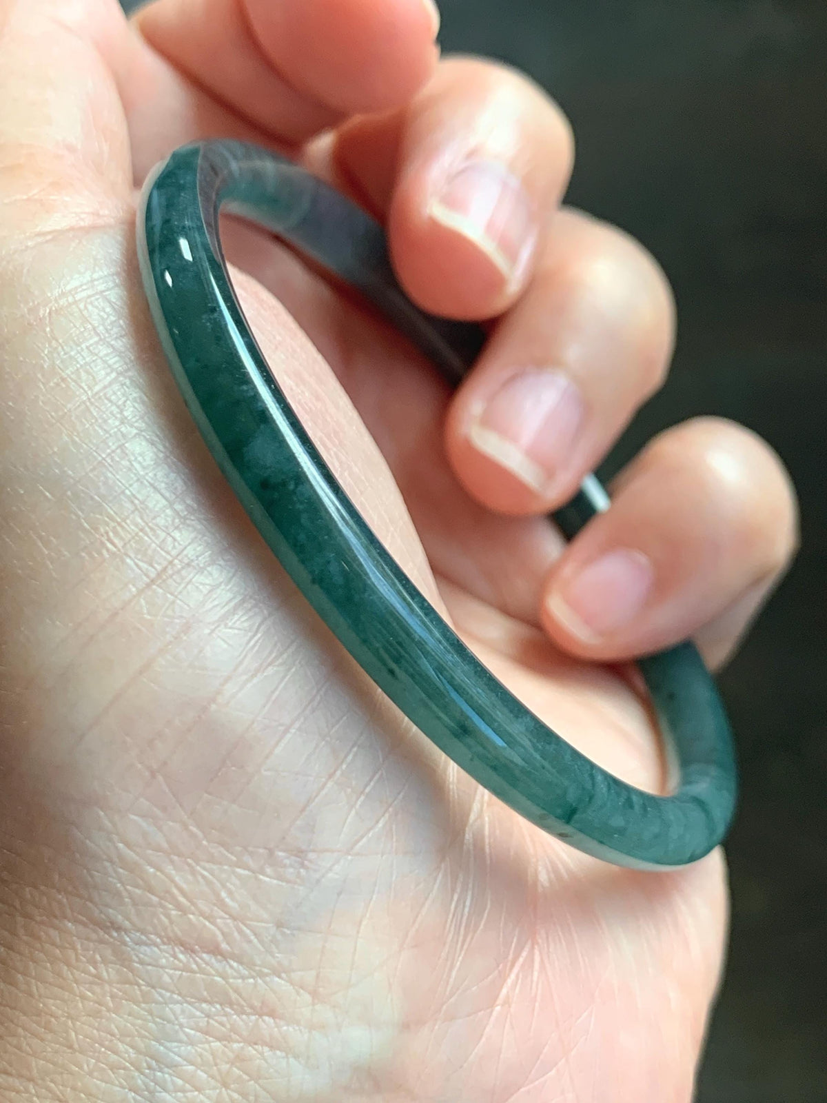Certified Natural Grade A Guatemalan Icy Translucent Dark Teal Green Jade Jadeite Slim Bangle 58.08mm 7.18” 18.12g 天然冰胶危深蓝绿翡翠细圆条手镯 988