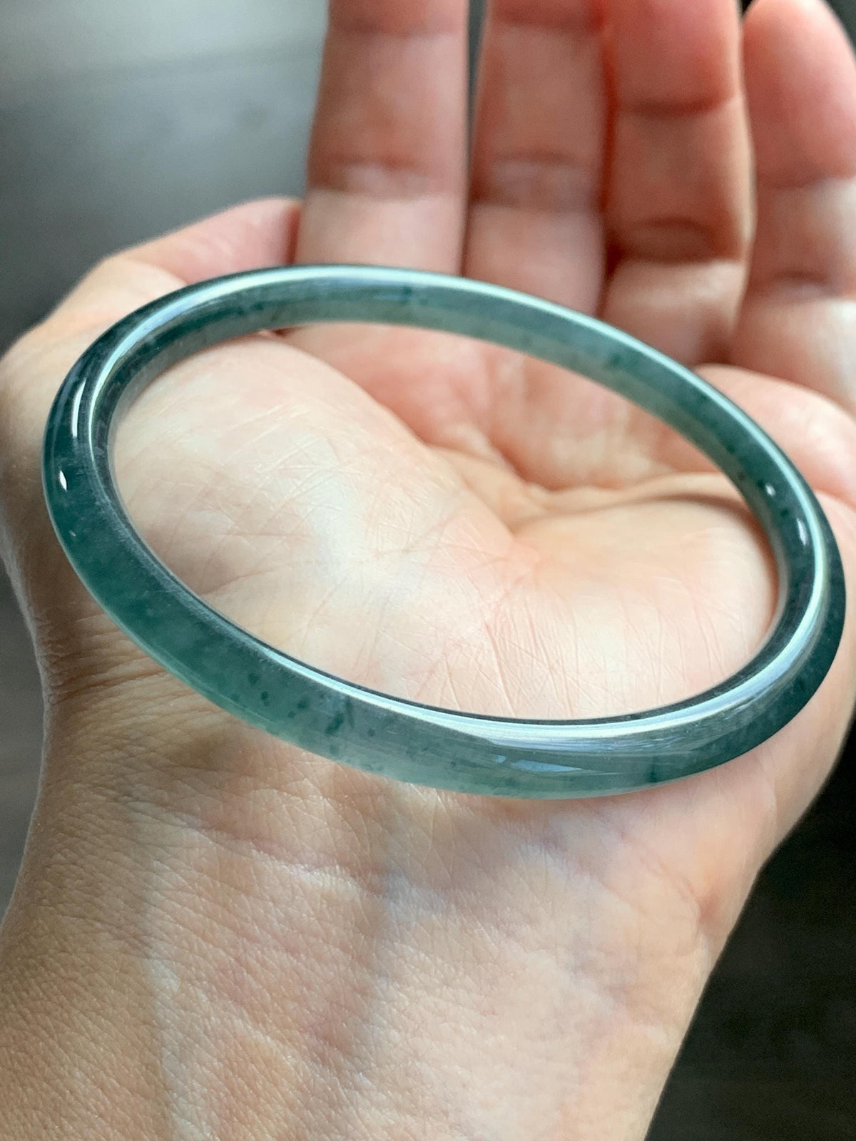 Certified Natural Grade A Guatemalan Icy Translucent Dark Teal Green Jade Jadeite Slim Bangle 58.08mm 7.18” 18.12g 天然冰胶危深蓝绿翡翠细圆条手镯 988