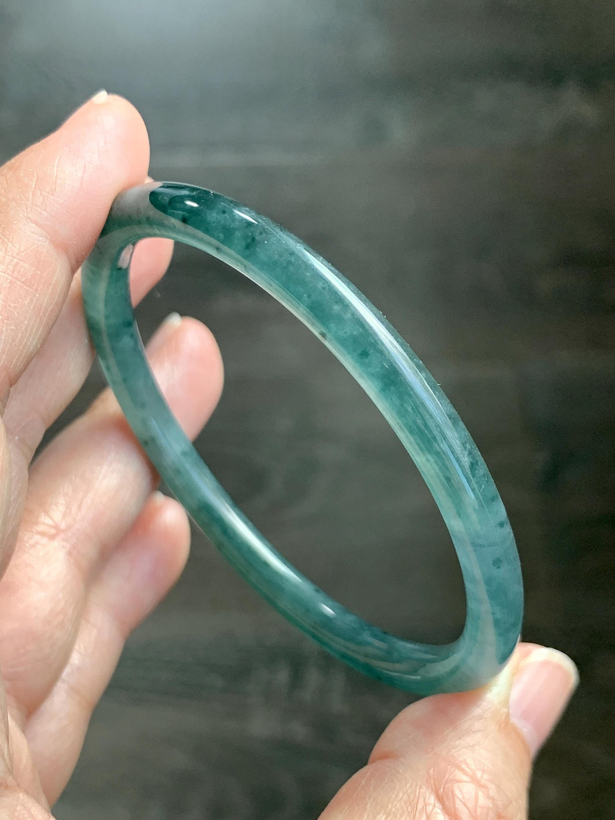 Certified Natural Grade A Guatemalan Icy Translucent Dark Teal Green Jade Jadeite Slim Bangle 58.08mm 7.18” 18.12g 天然冰胶危深蓝绿翡翠细圆条手镯 988
