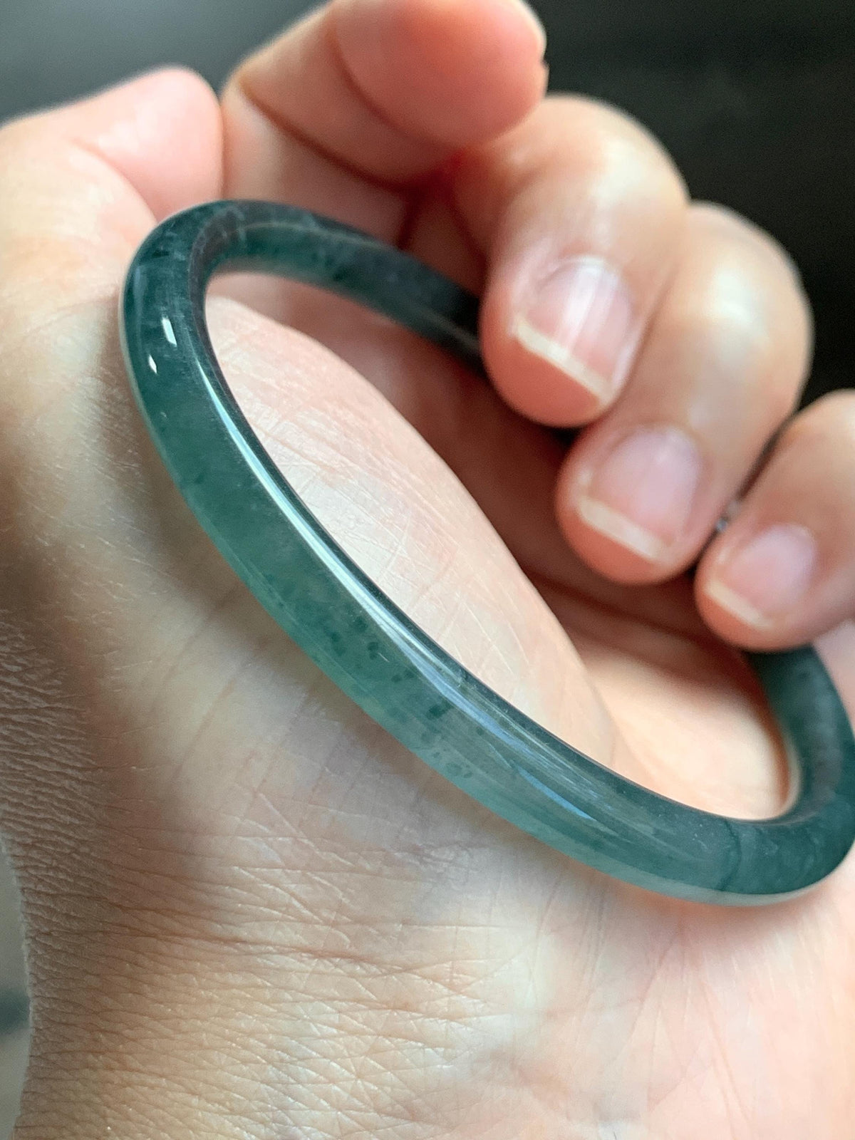 Certified Natural Grade A Guatemalan Icy Translucent Dark Teal Green Jade Jadeite Slim Bangle 58.08mm 7.18” 18.12g 天然冰胶危深蓝绿翡翠细圆条手镯 988