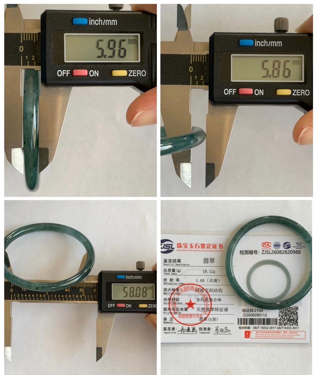 Certified Natural Grade A Guatemalan Icy Translucent Dark Teal Green Jade Jadeite Slim Bangle 58.08mm 7.18” 18.12g 天然冰胶危深蓝绿翡翠细圆条手镯 988