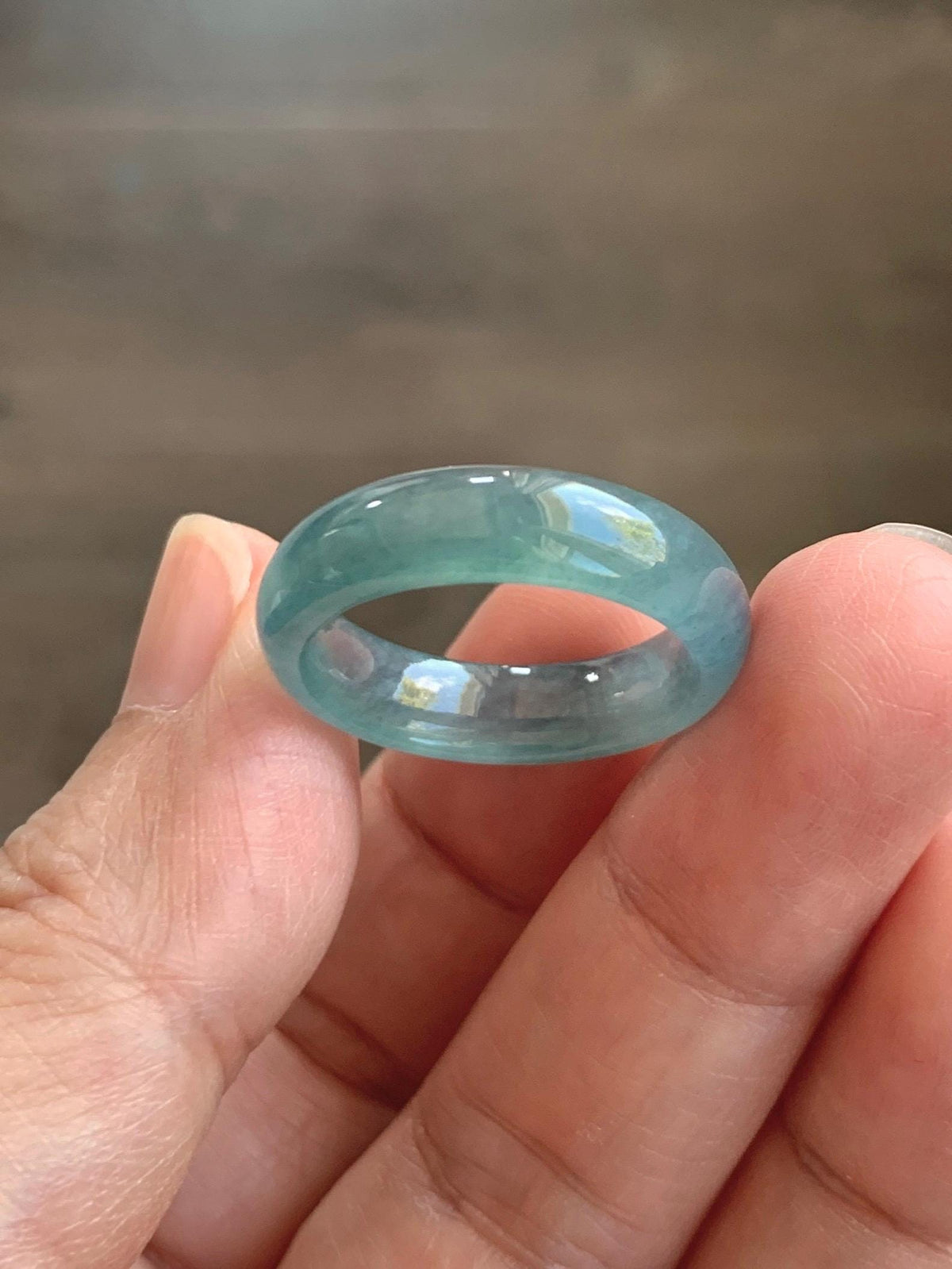 Natural Guatemalan Grade A Icy Translucent Teal Blue Jade Jadeite Jieyang Band Ring Comfort Fit Size 8.25 US 3g 天然冰胶危蓝翡翠揭阳工戒圈 WJY420G
