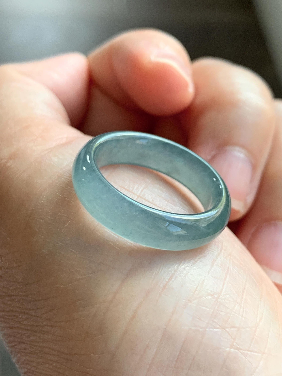 Natural Guatemalan Grade A Icy Translucent Teal Blue Jade Jadeite Jieyang Band Ring Comfort Fit Size 8.25 US 3g 天然冰胶危蓝翡翠揭阳工戒圈 WJY420G