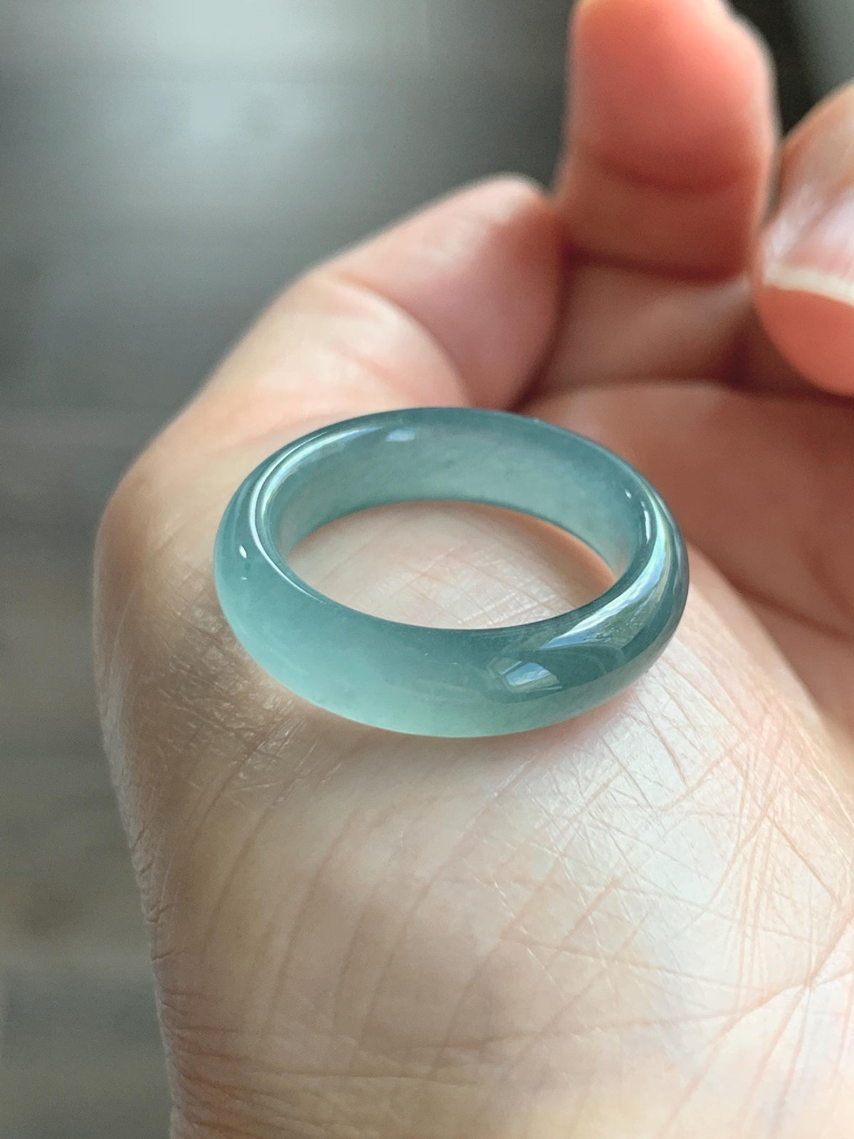 Natural Guatemalan Grade A Icy Translucent Teal Blue Jade Jadeite Jieyang Band Ring Comfort Fit Size 8 US 4g 天然冰胶危蓝翡翠揭阳工戒圈 WJY420F