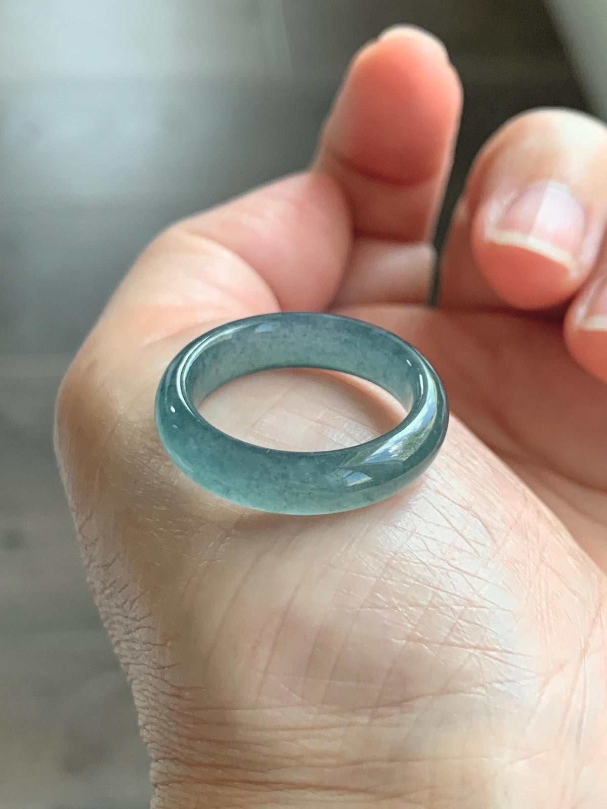 Natural Guatemalan Grade A Icy Translucent Teal Blue Jade Jadeite Jieyang Band Ring Comfort Fit Size 8.5 US 4g 天然冰胶危蓝翡翠揭阳工戒圈 WJY420E