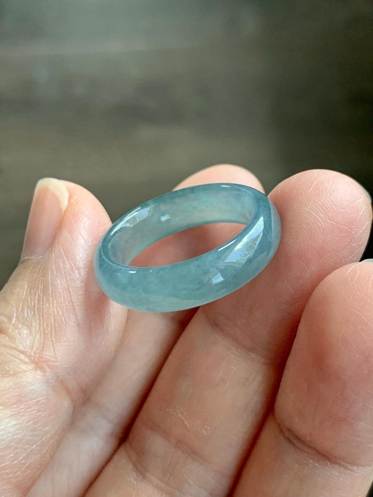 Natural Guatemalan Grade A Icy Translucent Teal Blue Jade Jadeite Jieyang Band Ring Comfort Fit Size 6.75 US 3g 天然冰胶危蓝翡翠揭阳工戒圈 WJY420D