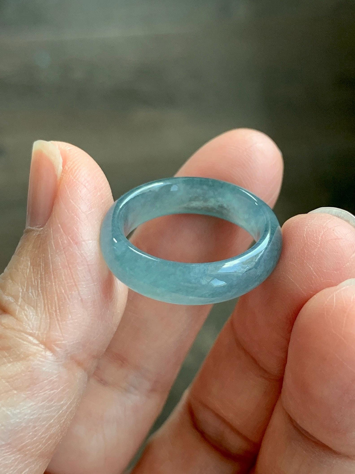 Natural Guatemalan Grade A Icy Translucent Teal Blue Jade Jadeite Jieyang Band Ring Comfort Fit Size 6.75 US 3g 天然冰胶危蓝翡翠揭阳工戒圈 WJY420D
