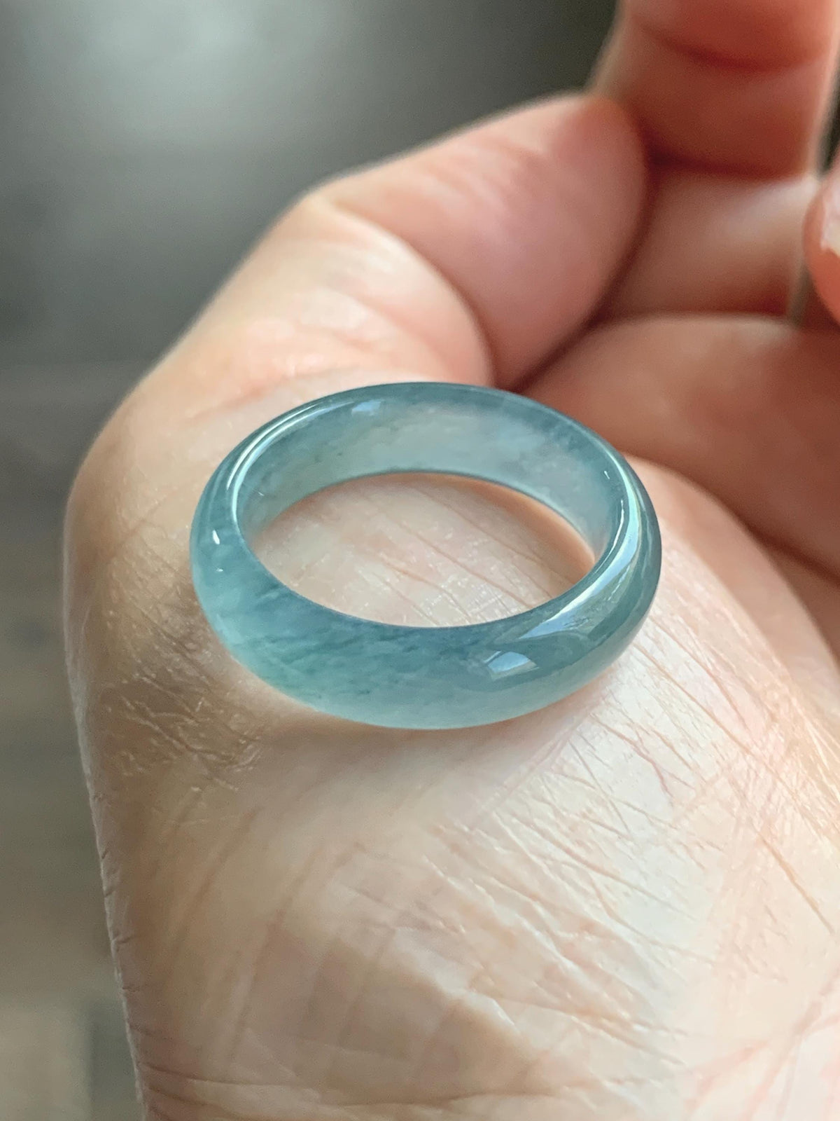 Natural Guatemalan Grade A Icy Translucent Teal Blue Jade Jadeite Jieyang Band Ring Comfort Fit Size 6.75 US 3g 天然冰胶危蓝翡翠揭阳工戒圈 WJY420D