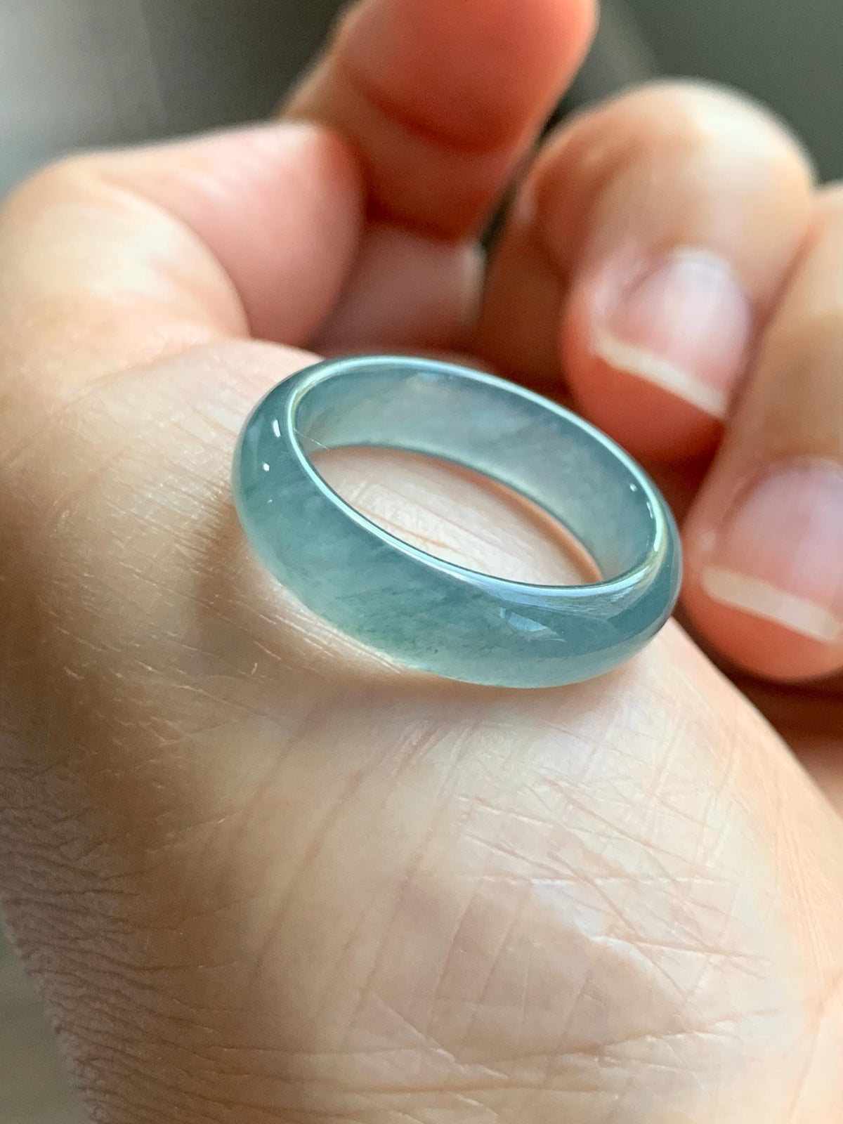 Natural Guatemalan Grade A Icy Translucent Teal Blue Jade Jadeite Jieyang Band Ring Comfort Fit Size 6.75 US 3g 天然冰胶危蓝翡翠揭阳工戒圈 WJY420D