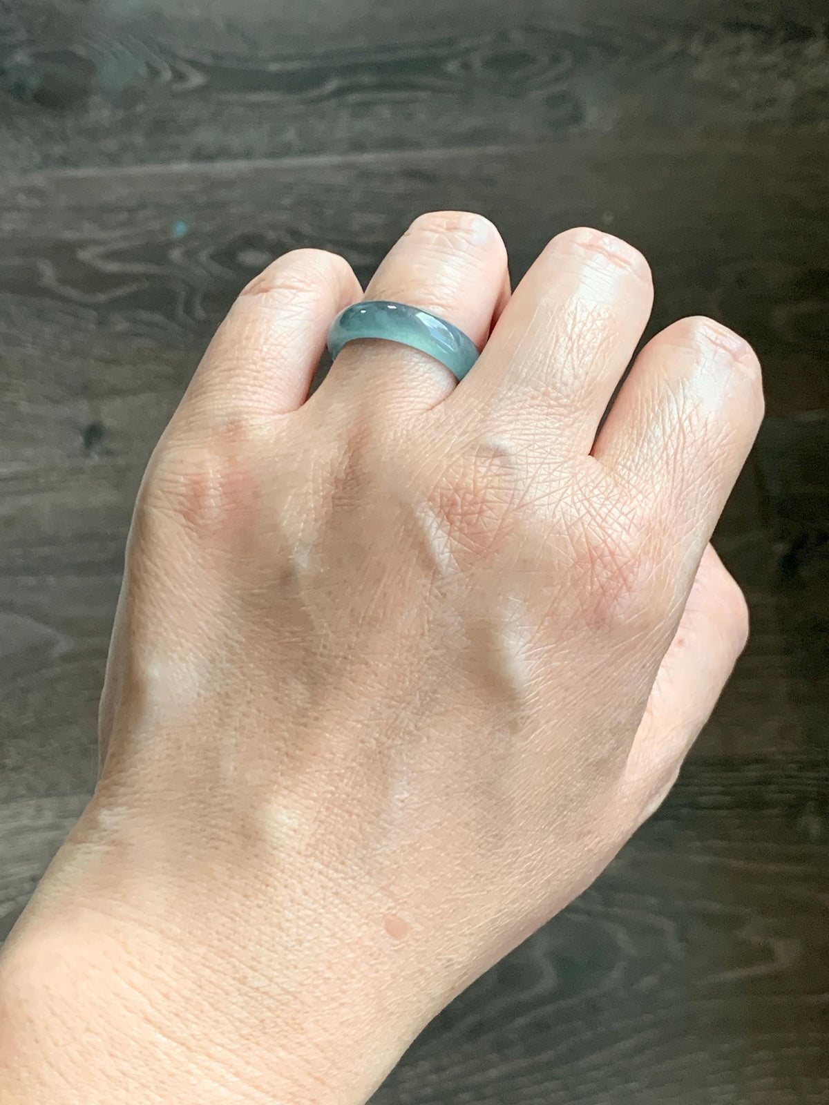 Natural Guatemalan Grade A Icy Translucent Teal Blue Jade Jadeite Jieyang Band Ring Comfort Fit Size 6.75 US 3g 天然冰胶危蓝翡翠揭阳工戒圈 WJY420D