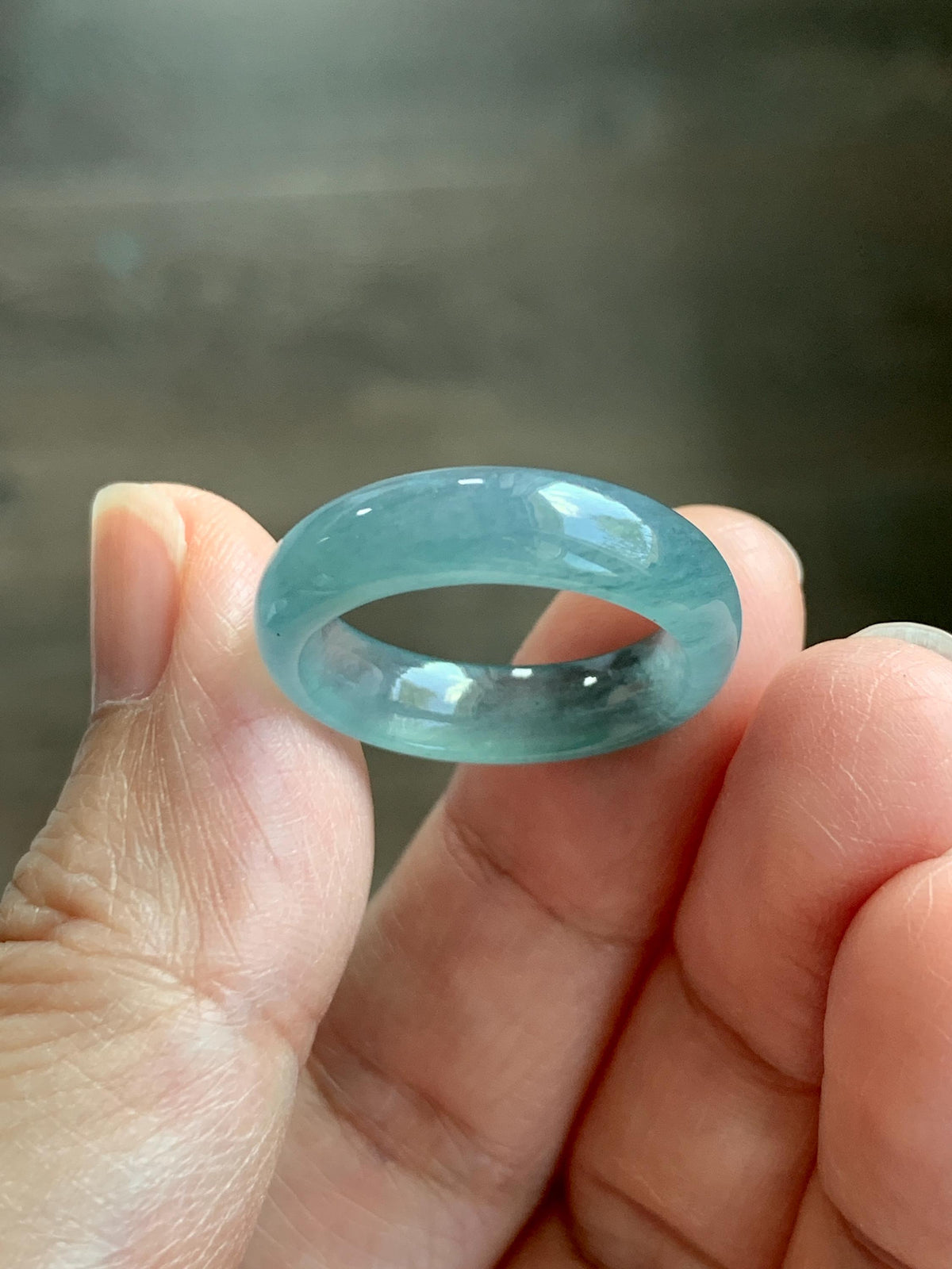 Natural Guatemalan Grade A Icy Translucent Teal Blue Jade Jadeite Jieyang Band Ring Comfort Fit Size 6.75 US 3g 天然冰胶危蓝翡翠揭阳工戒圈 WJY420D