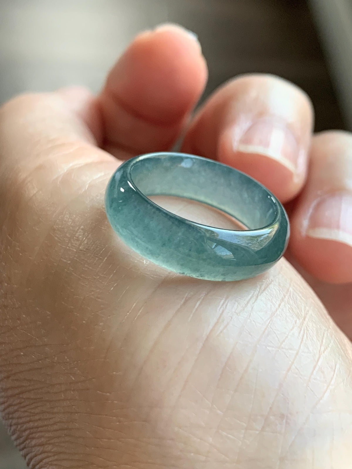 Natural Guatemalan Grade A Icy Translucent Teal Blue Jade Jadeite Jieyang Band Ring Comfort Fit Size 6 US 4g 天然冰胶危蓝翡翠揭阳工戒圈 WJY420C