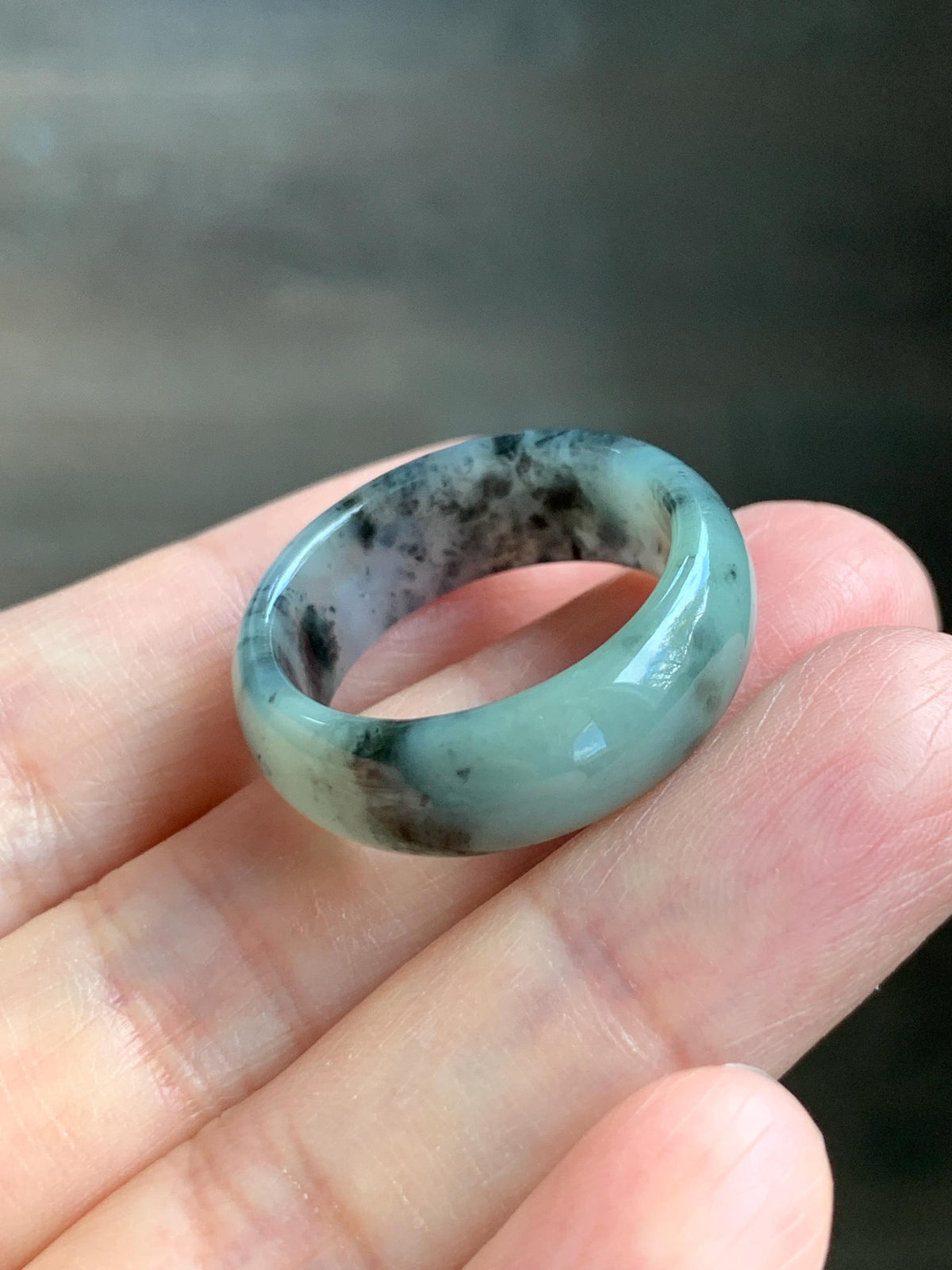 Natural Grade A Icy Translucent Light Gray Wuji & Pastel Green Marbled Jade Jadeite Wide Band Ring Size 10.25 US 5g 天然冰乌鸡绿翡翠戒圈 MWL66