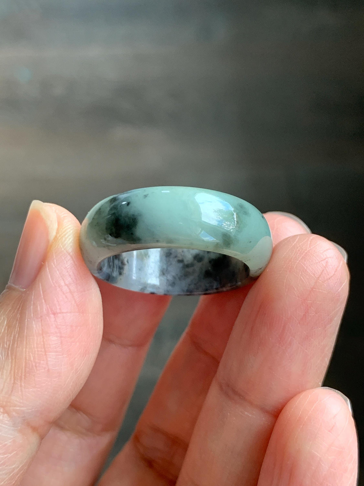 Natural Grade A Icy Translucent Light Gray Wuji & Pastel Green Marbled Jade Jadeite Wide Band Ring Size 10.25 US 5g 天然冰乌鸡绿翡翠戒圈 MWL66