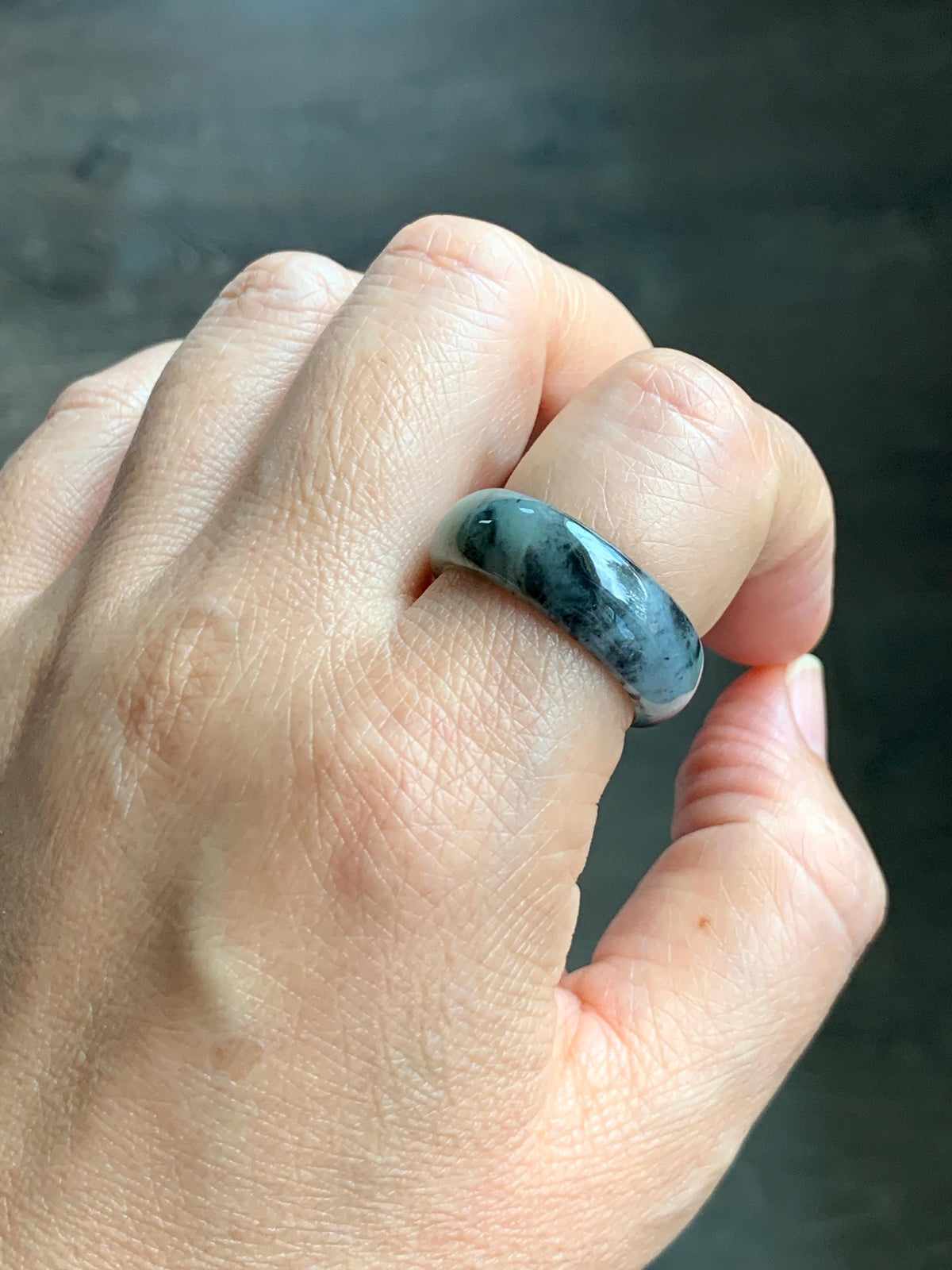 Natural Grade A Icy Translucent Light Gray Wuji & Pastel Green Marbled Jade Jadeite Wide Band Ring Size 10.25 US 5g 天然冰乌鸡绿翡翠戒圈 MWL66