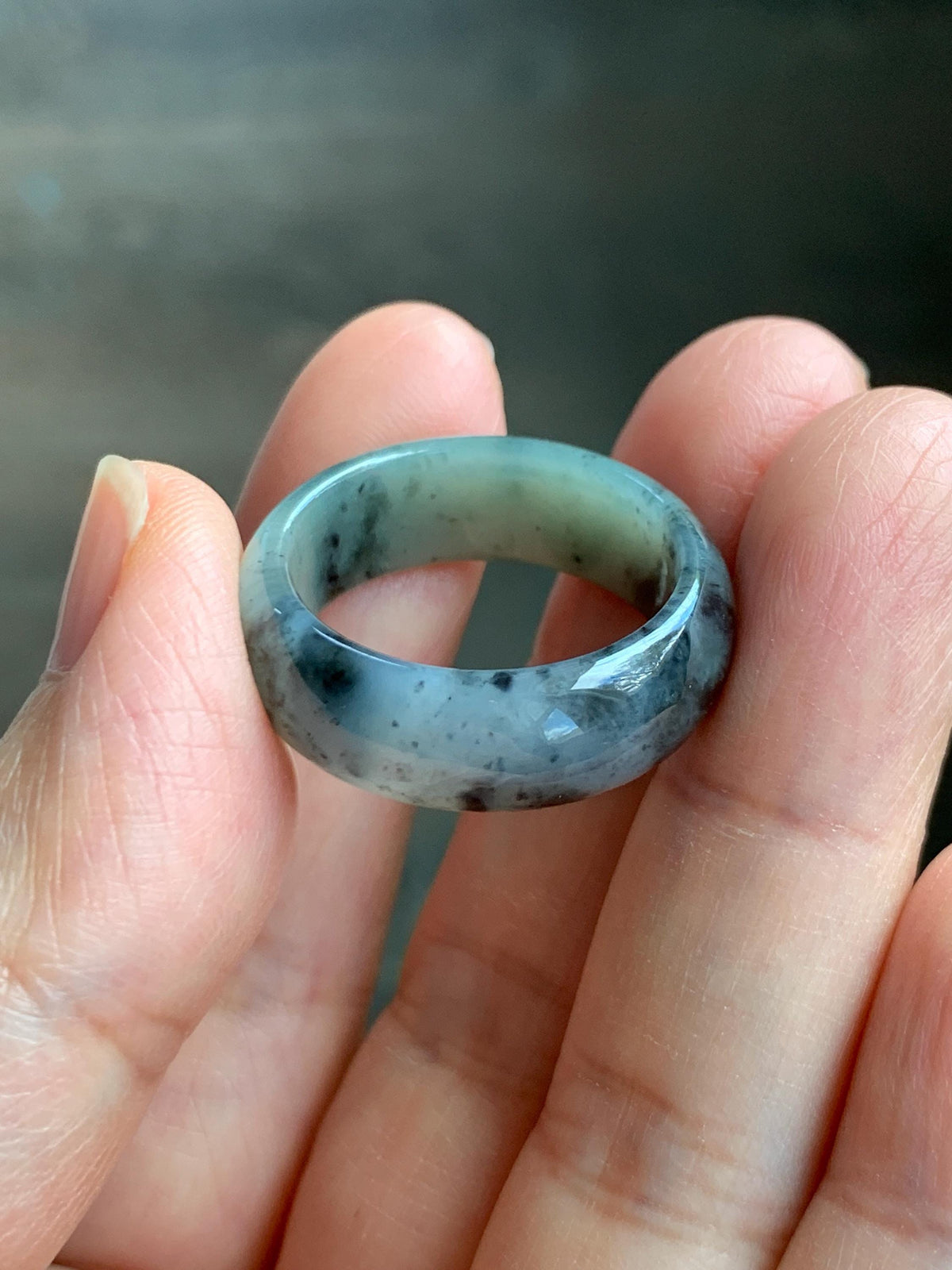 Natural Grade A Icy Translucent Light Gray Wuji & Pastel Green Marbled Jade Jadeite Wide Band Ring Size 10.25 US 5g 天然冰乌鸡绿翡翠戒圈 MWL66