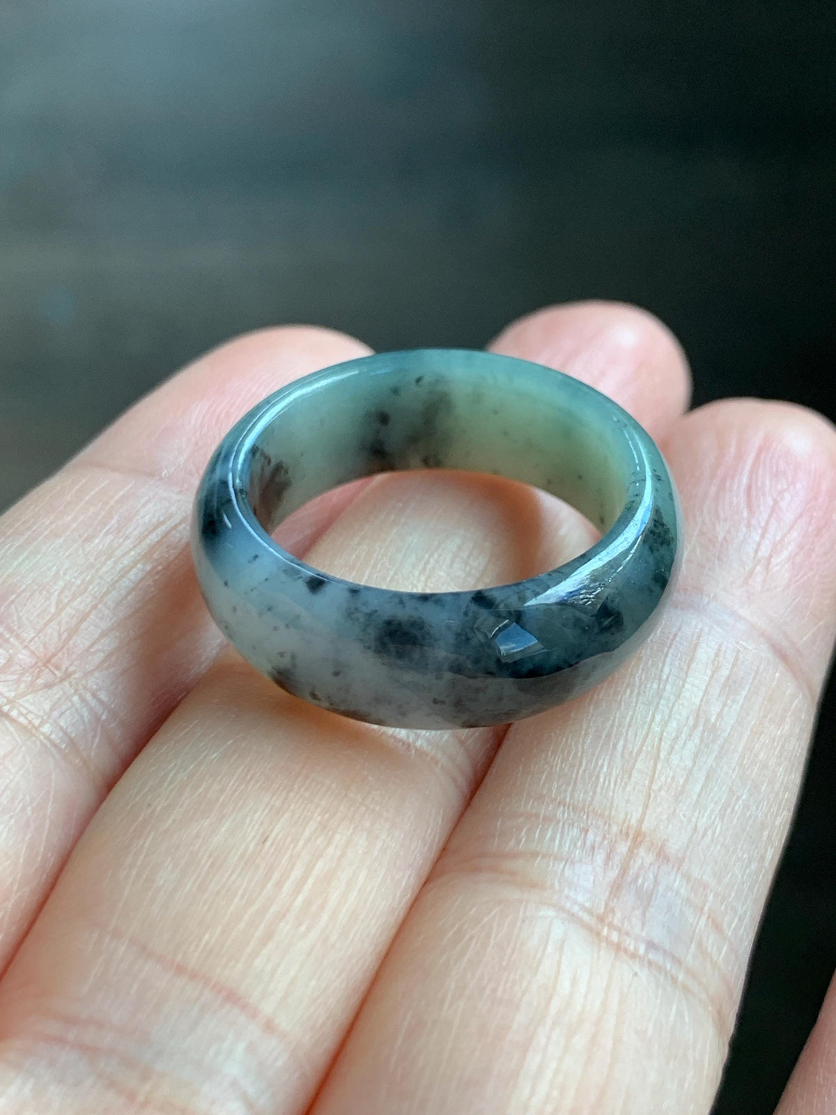 Natural Grade A Icy Translucent Light Gray Wuji & Pastel Green Marbled Jade Jadeite Wide Band Ring Size 10.25 US 5g 天然冰乌鸡绿翡翠戒圈 MWL66