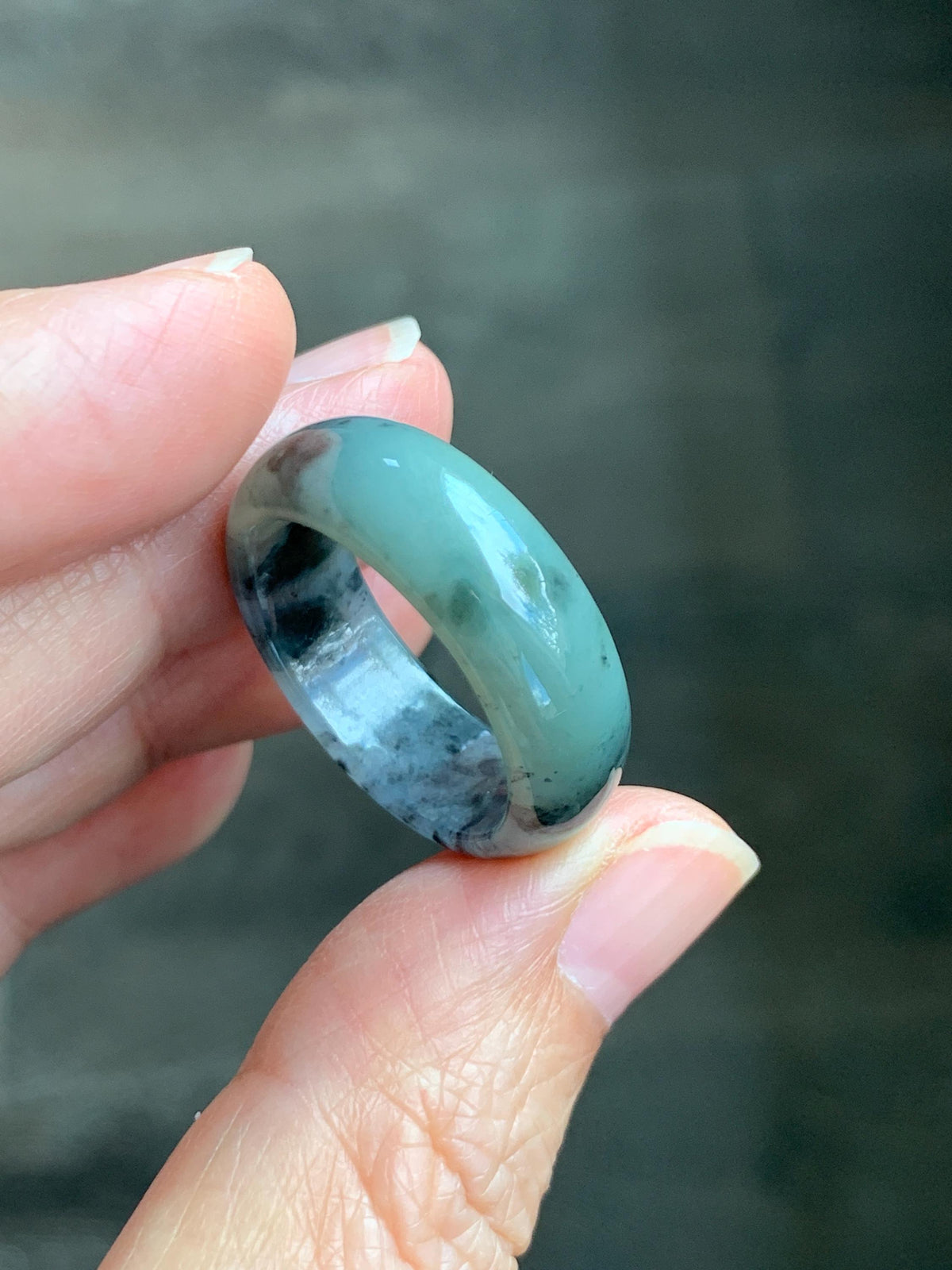 Natural Grade A Icy Translucent Light Gray Wuji & Pastel Green Marbled Jade Jadeite Wide Band Ring Size 10.25 US 5g 天然冰乌鸡绿翡翠戒圈 MWL66
