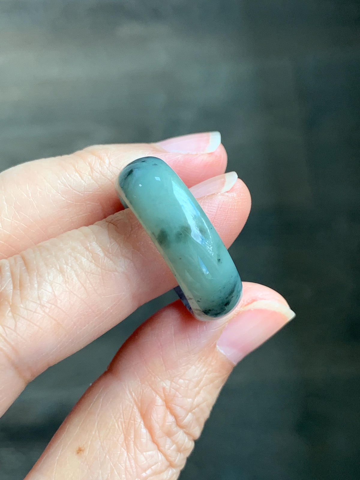 Natural Grade A Icy Translucent Light Gray Wuji & Pastel Green Marbled Jade Jadeite Wide Band Ring Size 10.25 US 5g 天然冰乌鸡绿翡翠戒圈 MWL66